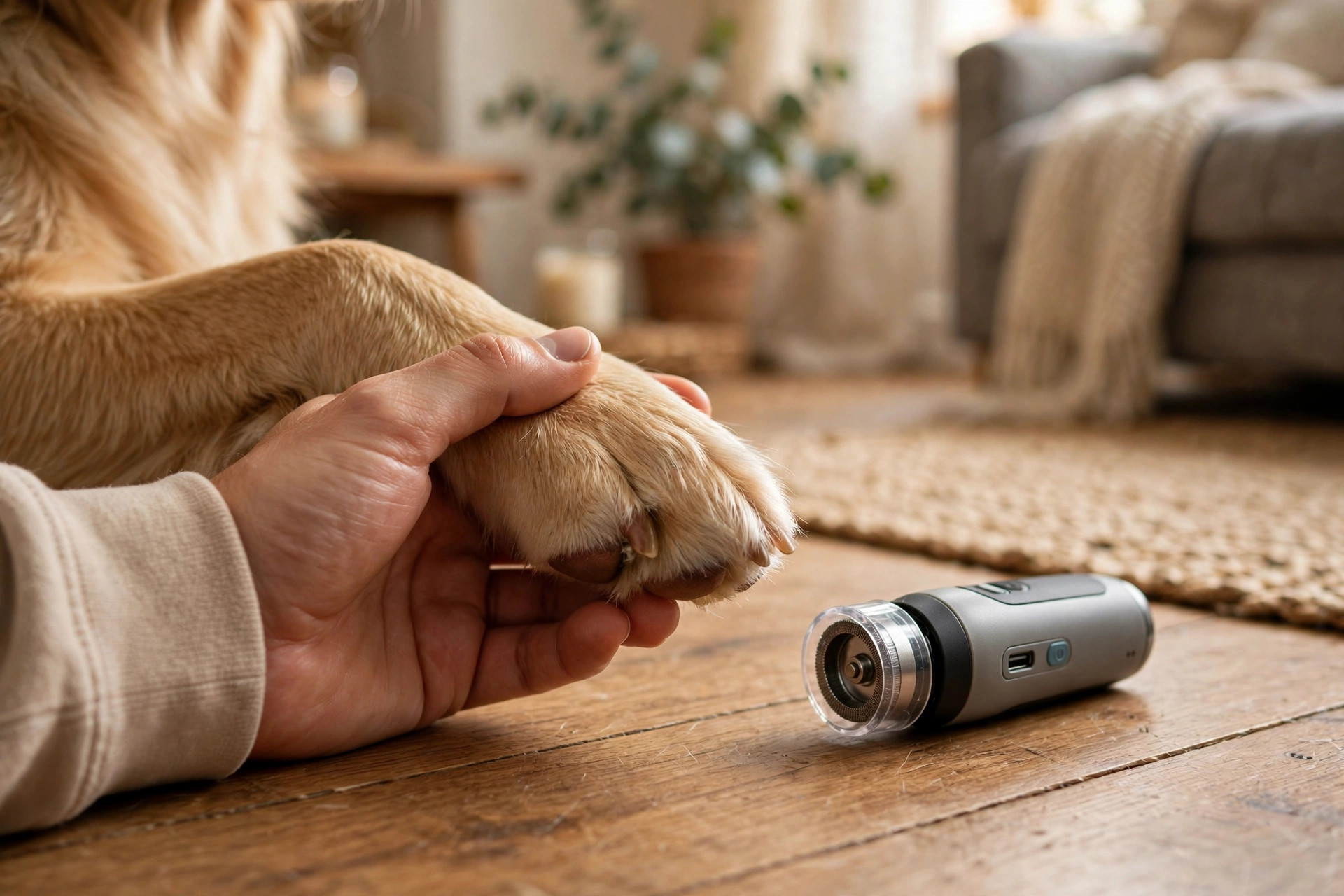Calm golden dog's paw being gently held with a small electric pet nail grinder resting nearby on a wooden apartment floor