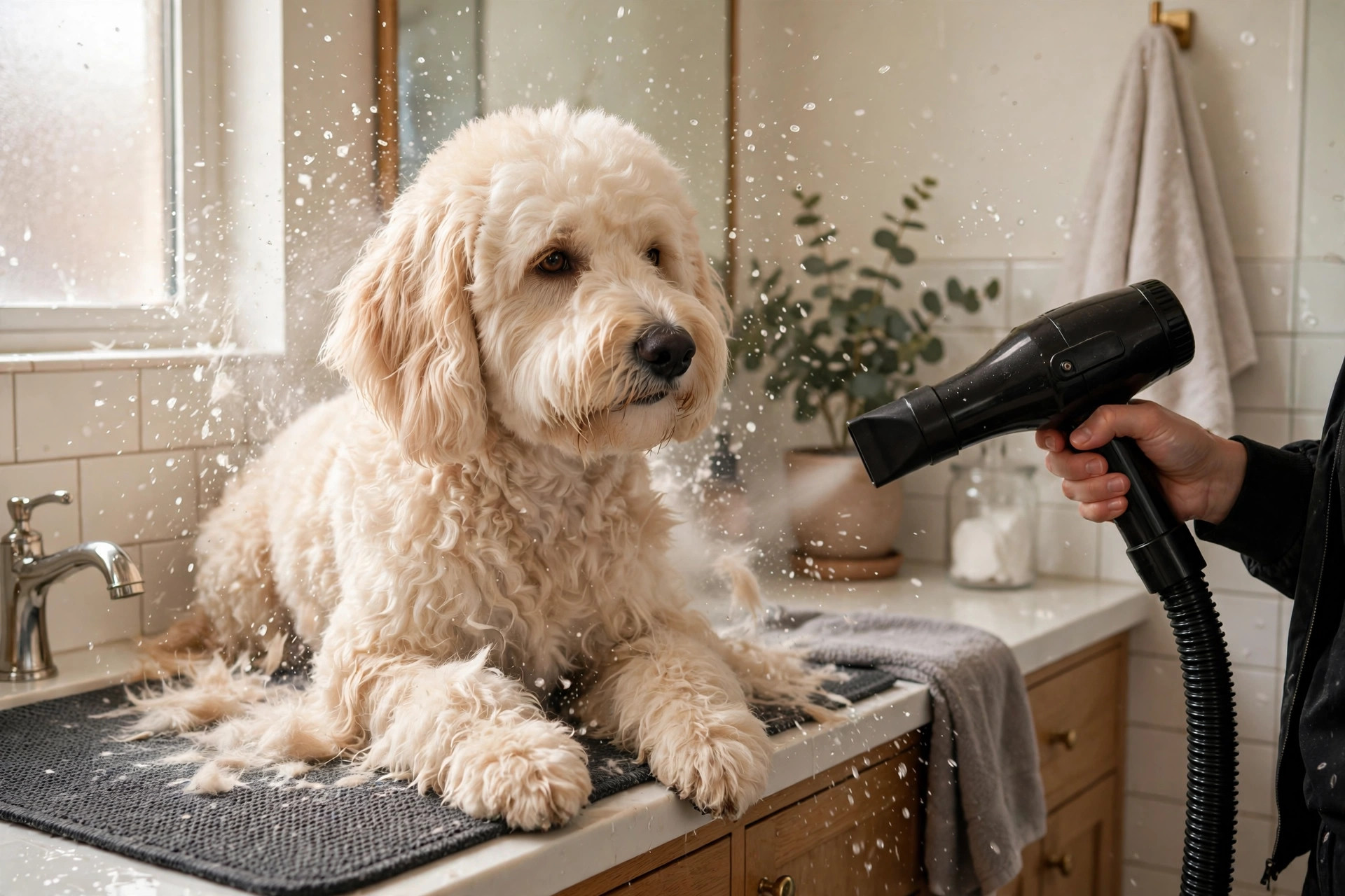 Fluffy cream-colored dog being dried with a professional pet grooming dryer hose in a bright apartment bathroom