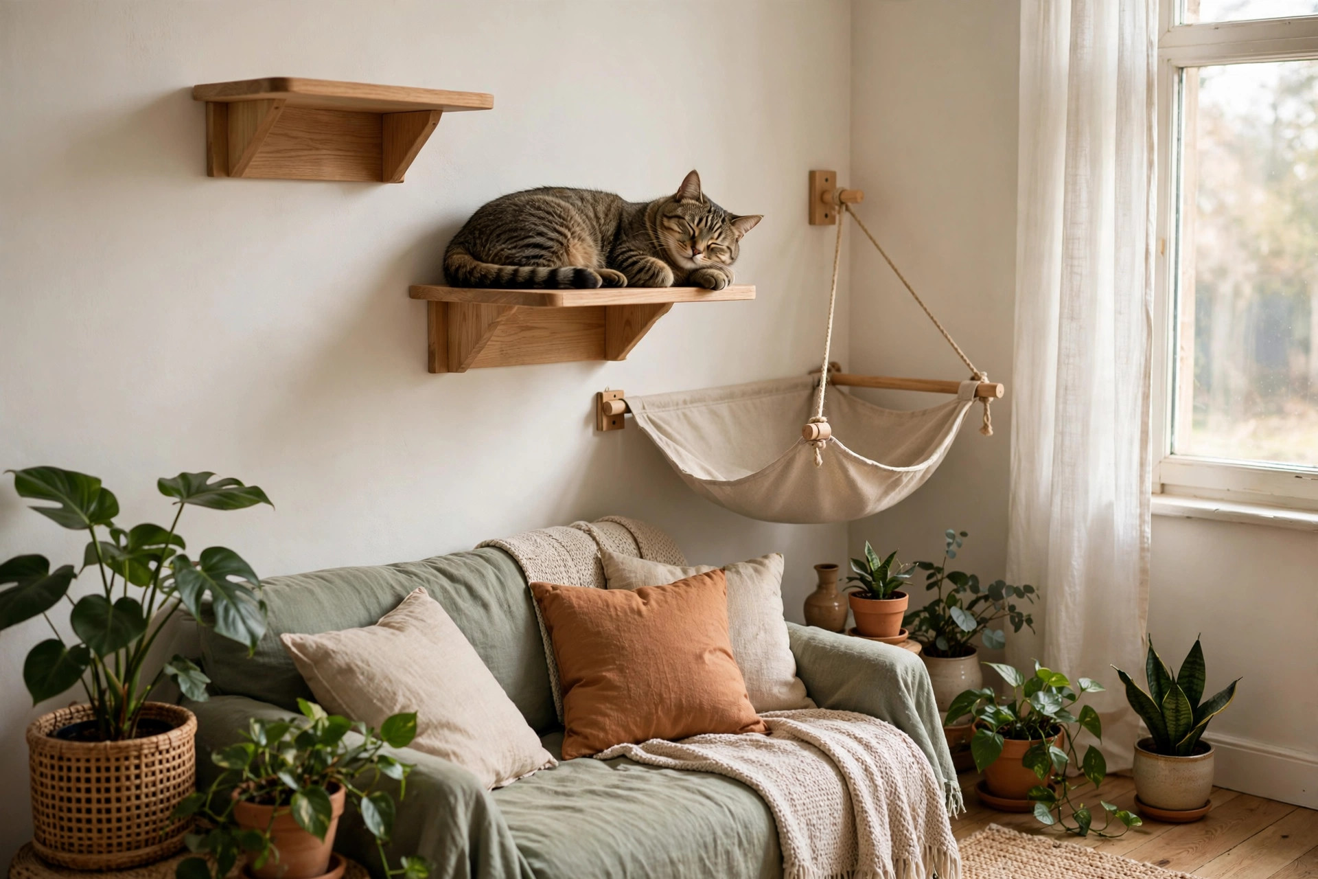tabby cat sleeping on wooden wall-mounted cat shelves above a sofa in a bright apartment