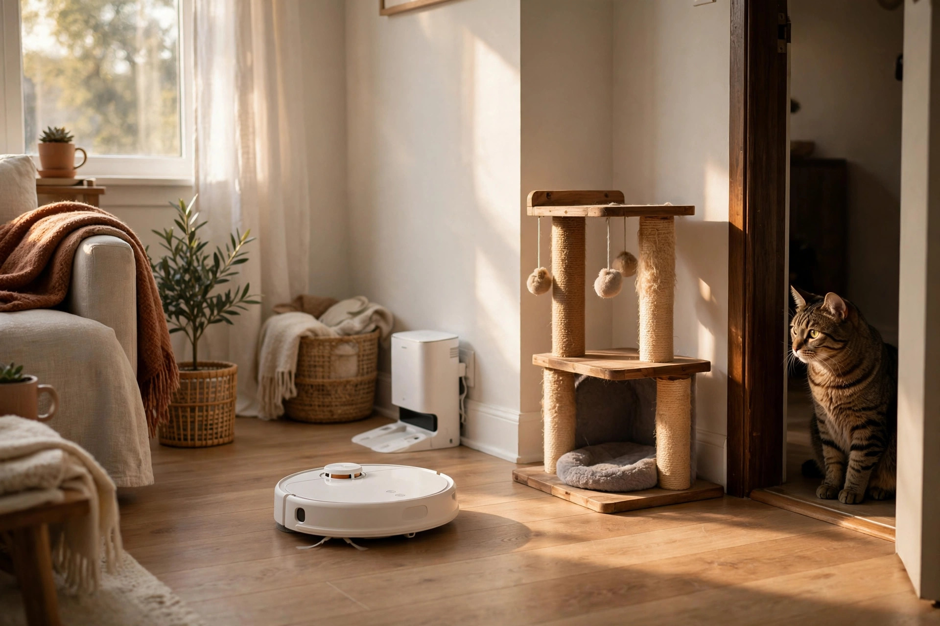 a white robot vacuum gliding across a small apartment hardwood floor near a cat tree while a tabby cat watches from the doorway