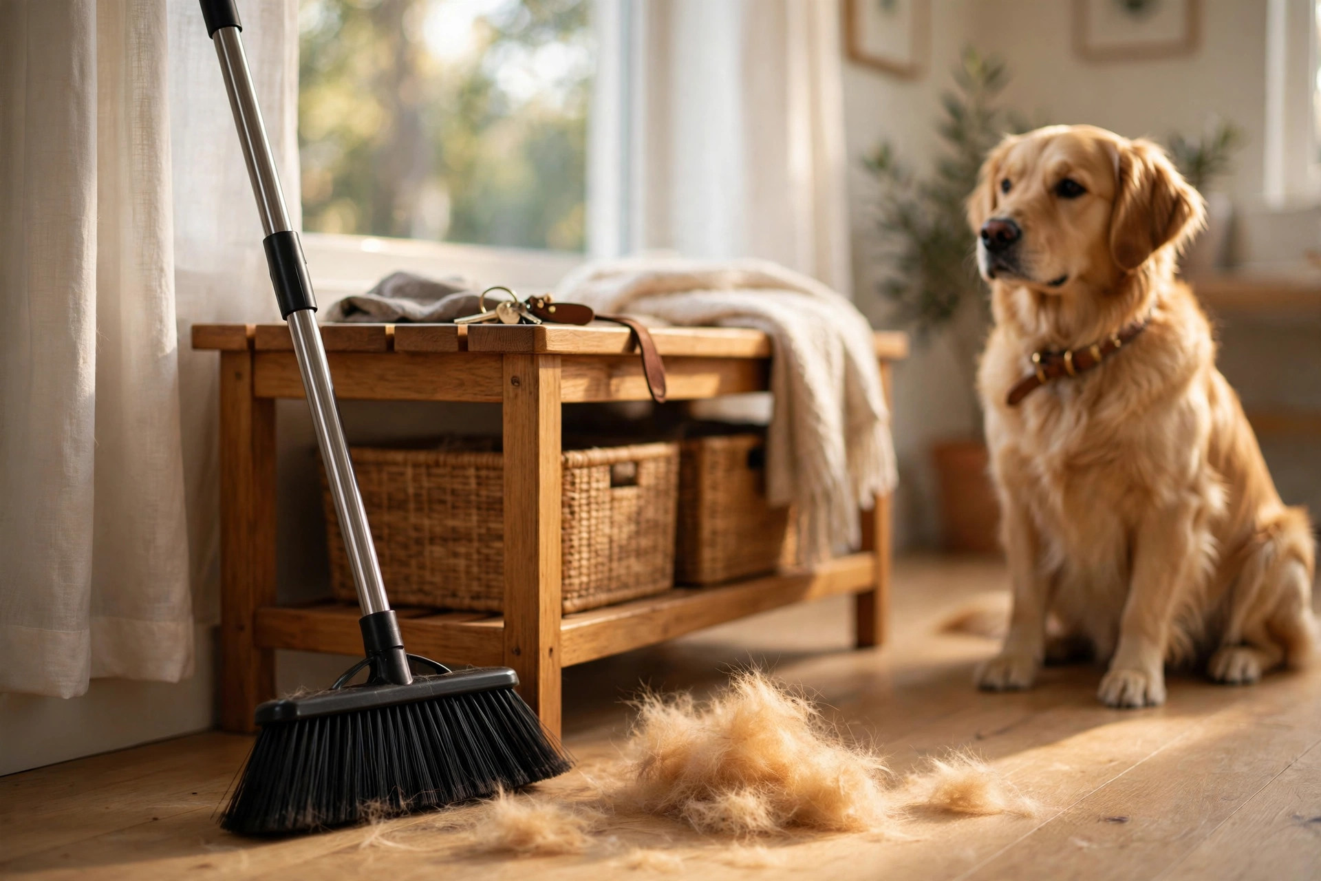 a black rubber pet hair broom with a long handle leaning against an entryway bench, with swept piles of golden pet hair on light hardwood floor
