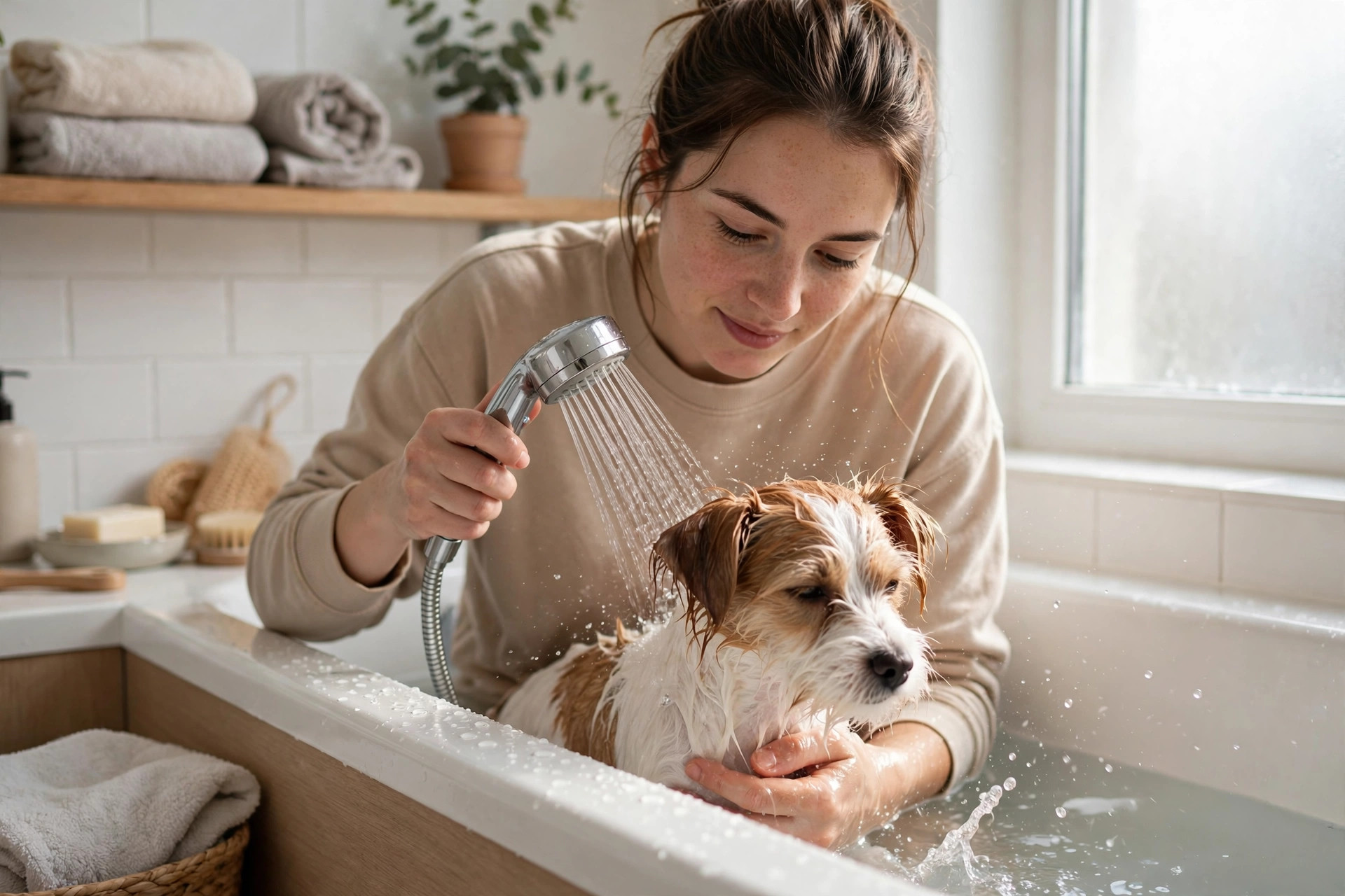 Person bathing a small dog with a handheld shower sprayer in an apartment bathtub