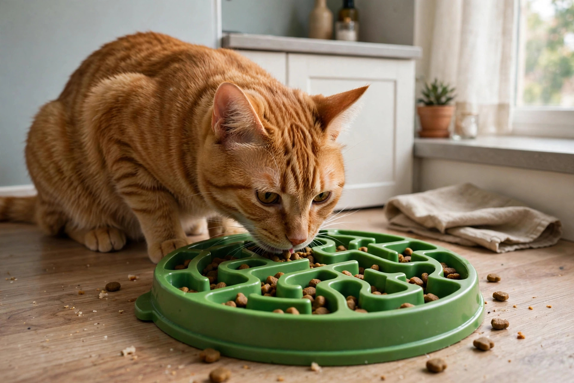orange tabby cat eating kibble from a green puzzle slow-feeder maze bowl on an apartment kitchen floor