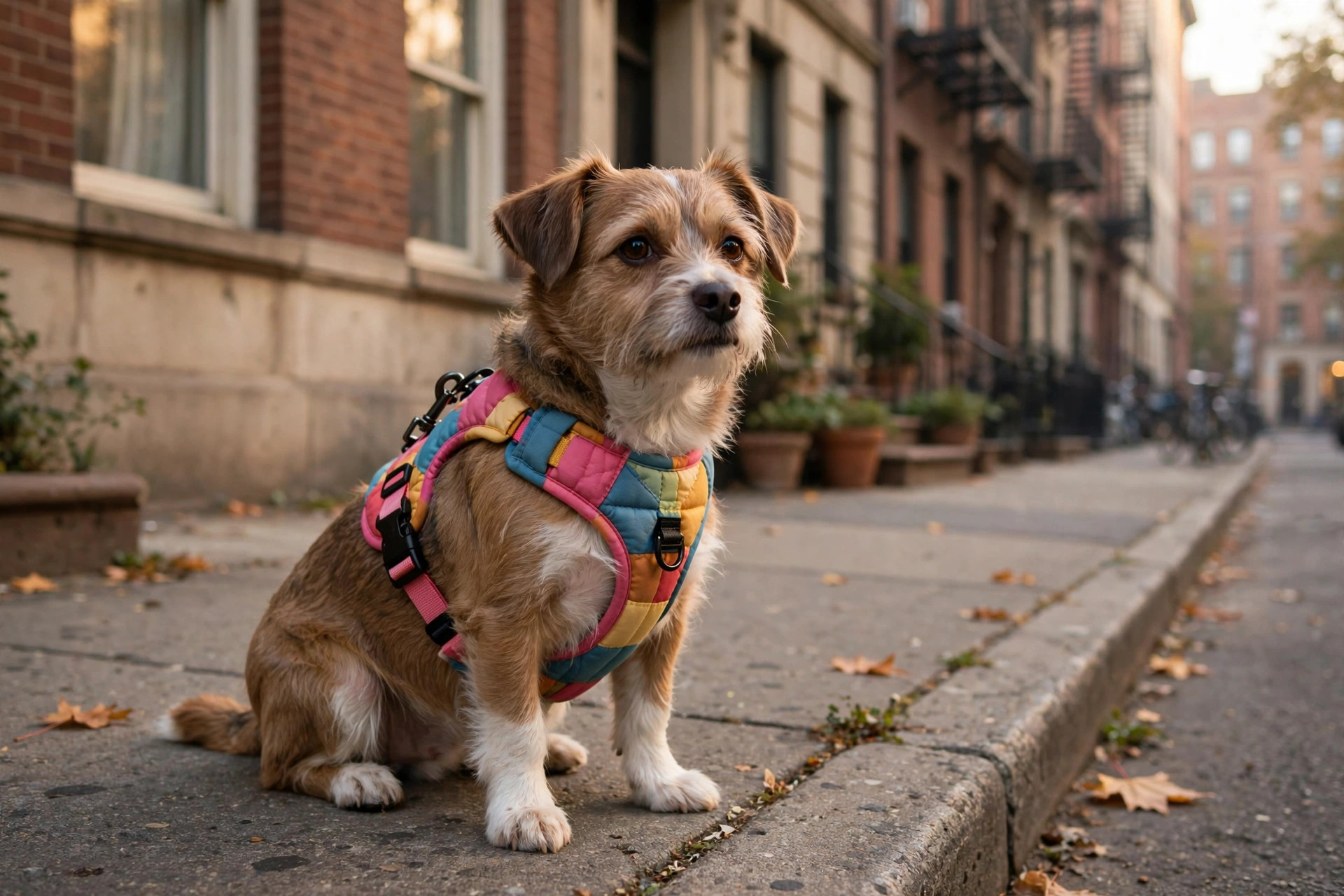 small dog in a padded step-in harness walking on a city sidewalk beside apartment buildings