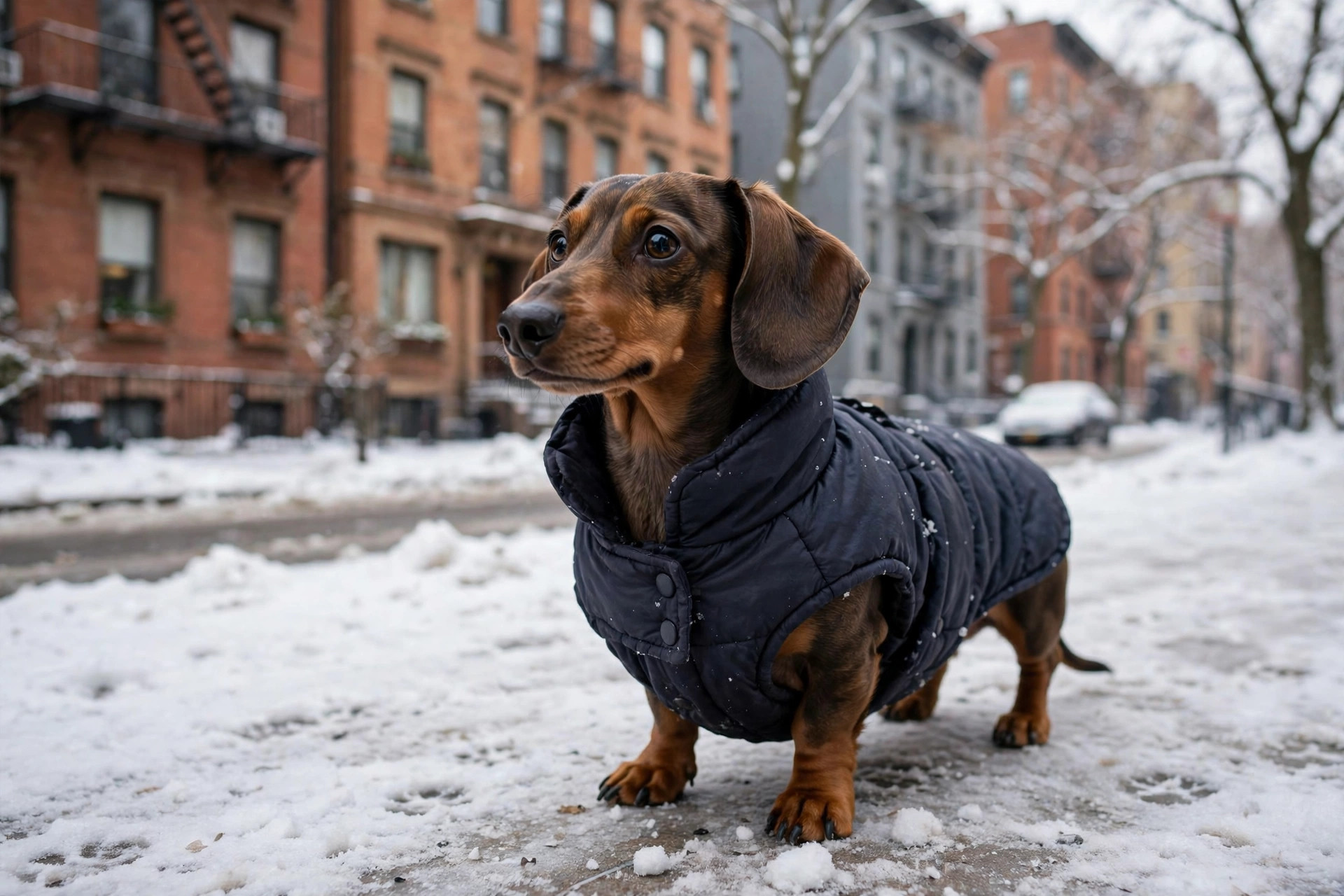 Small dachshund wearing a padded winter coat on a snowy city sidewalk