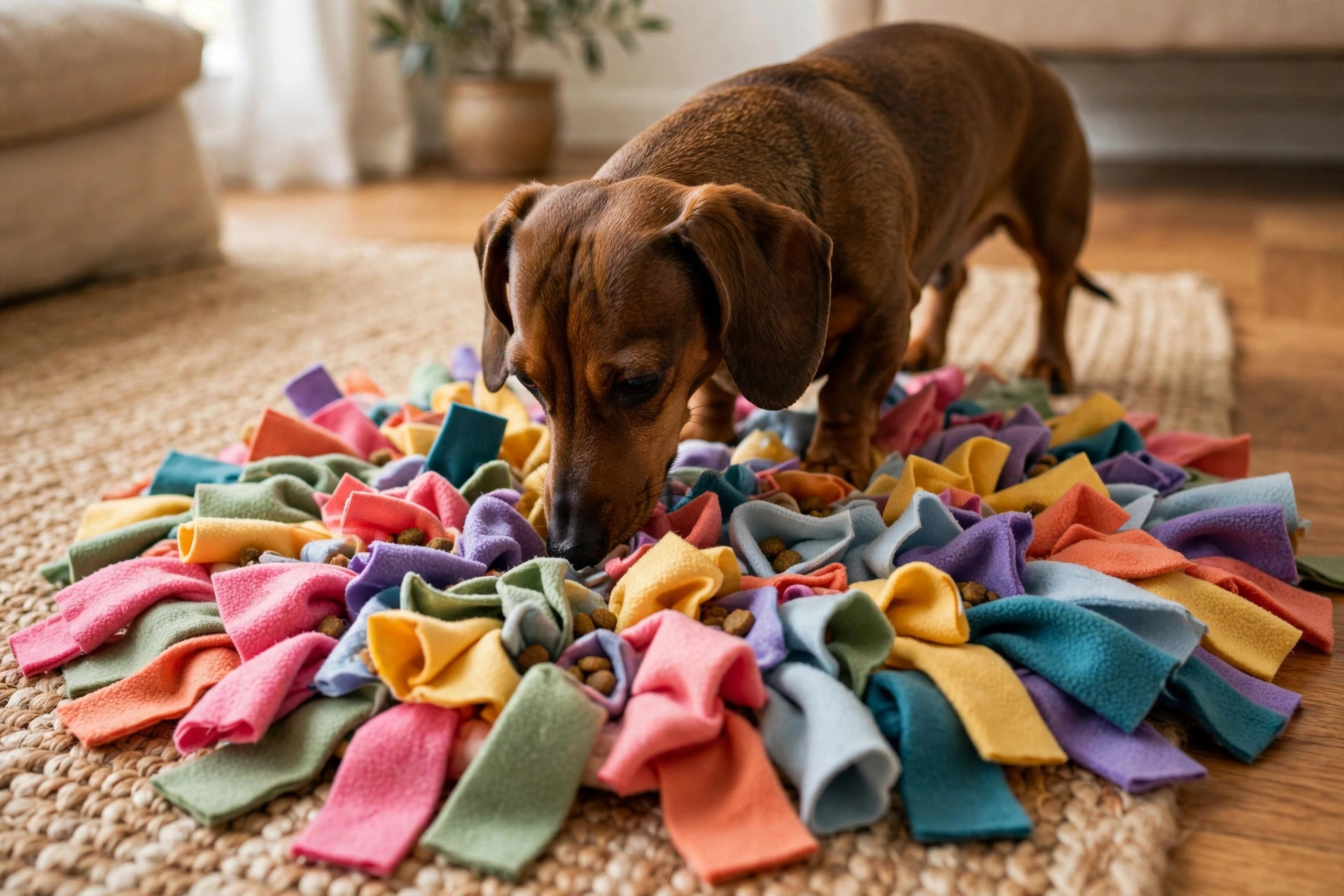 Colorful fleece snuffle mat on an apartment rug with kibble hidden in the folds, a dachshund sniffing through it