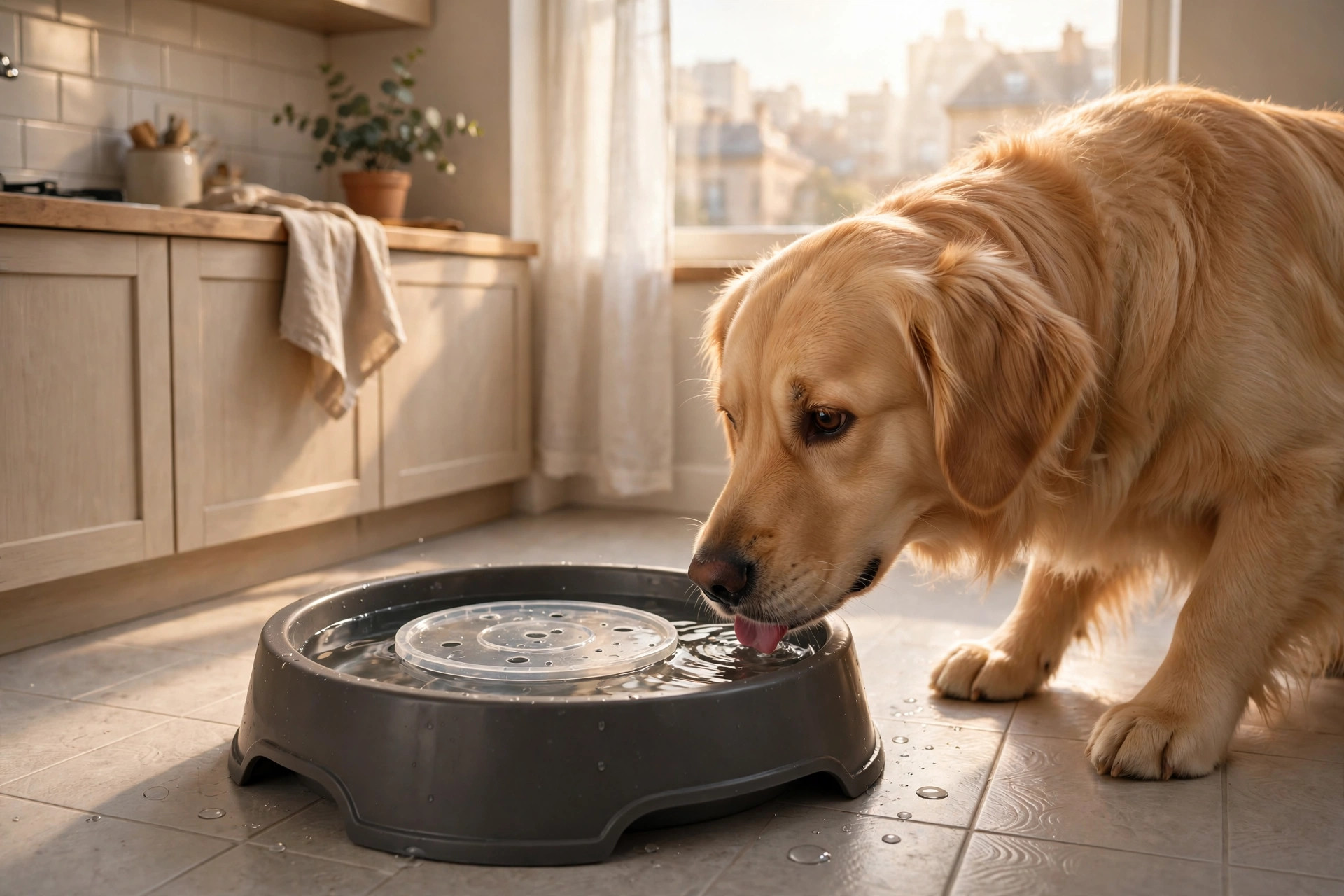 A golden retriever drinking from a floating-disk no-spill water bowl in a sunny apartment kitchen