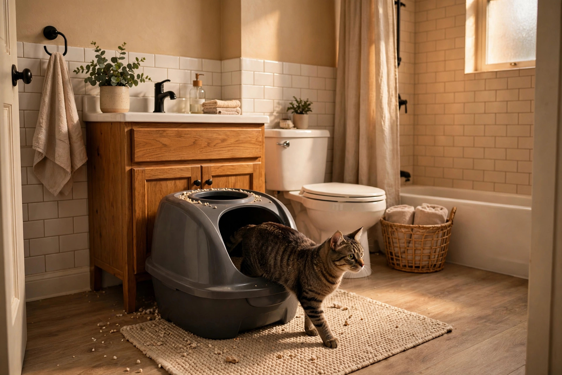 top-entry litter box in a small apartment bathroom with a cat stepping out onto the grooved lid