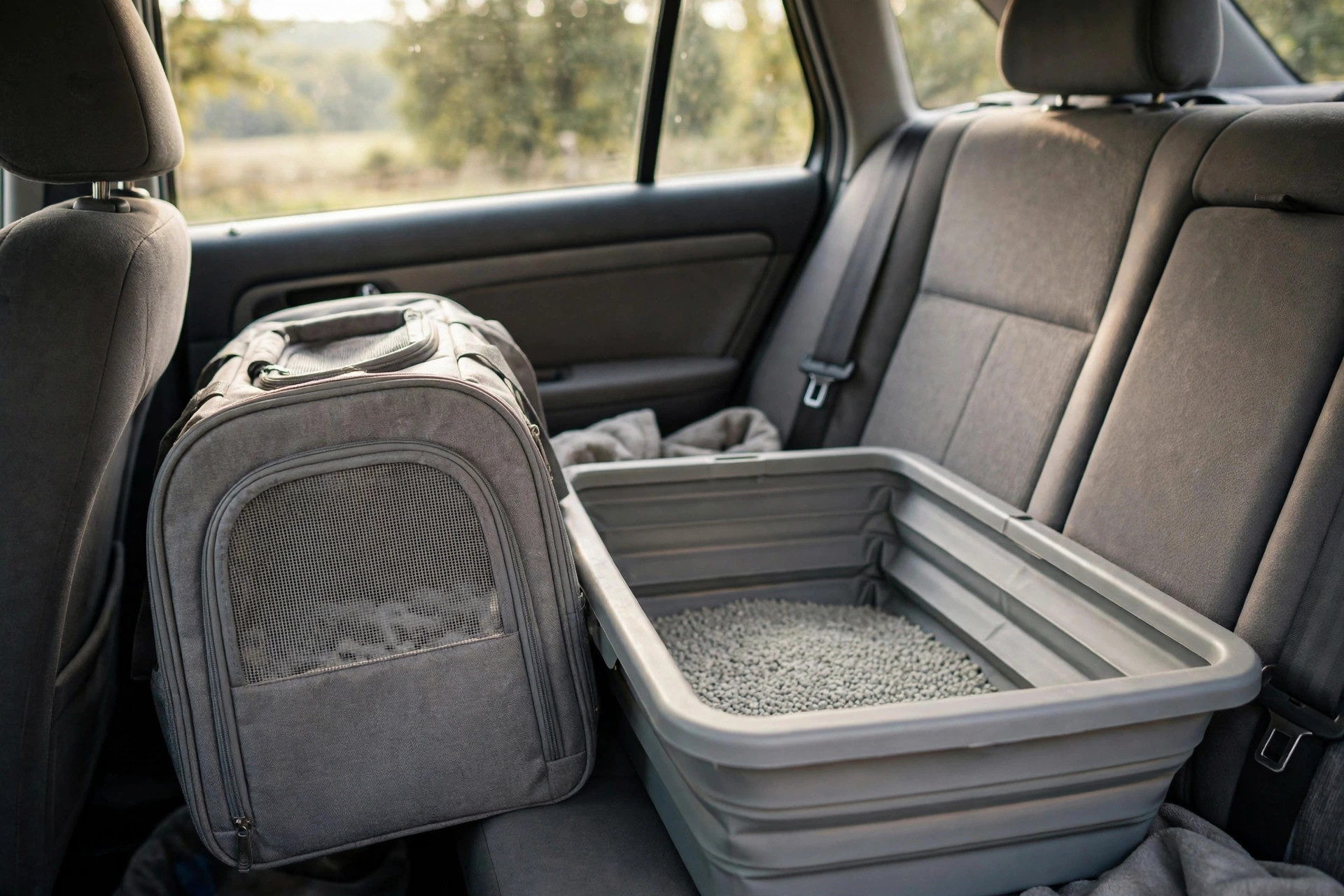 Gray collapsible travel litter box set up in the back of a car next to a cat carrier, road trip scene