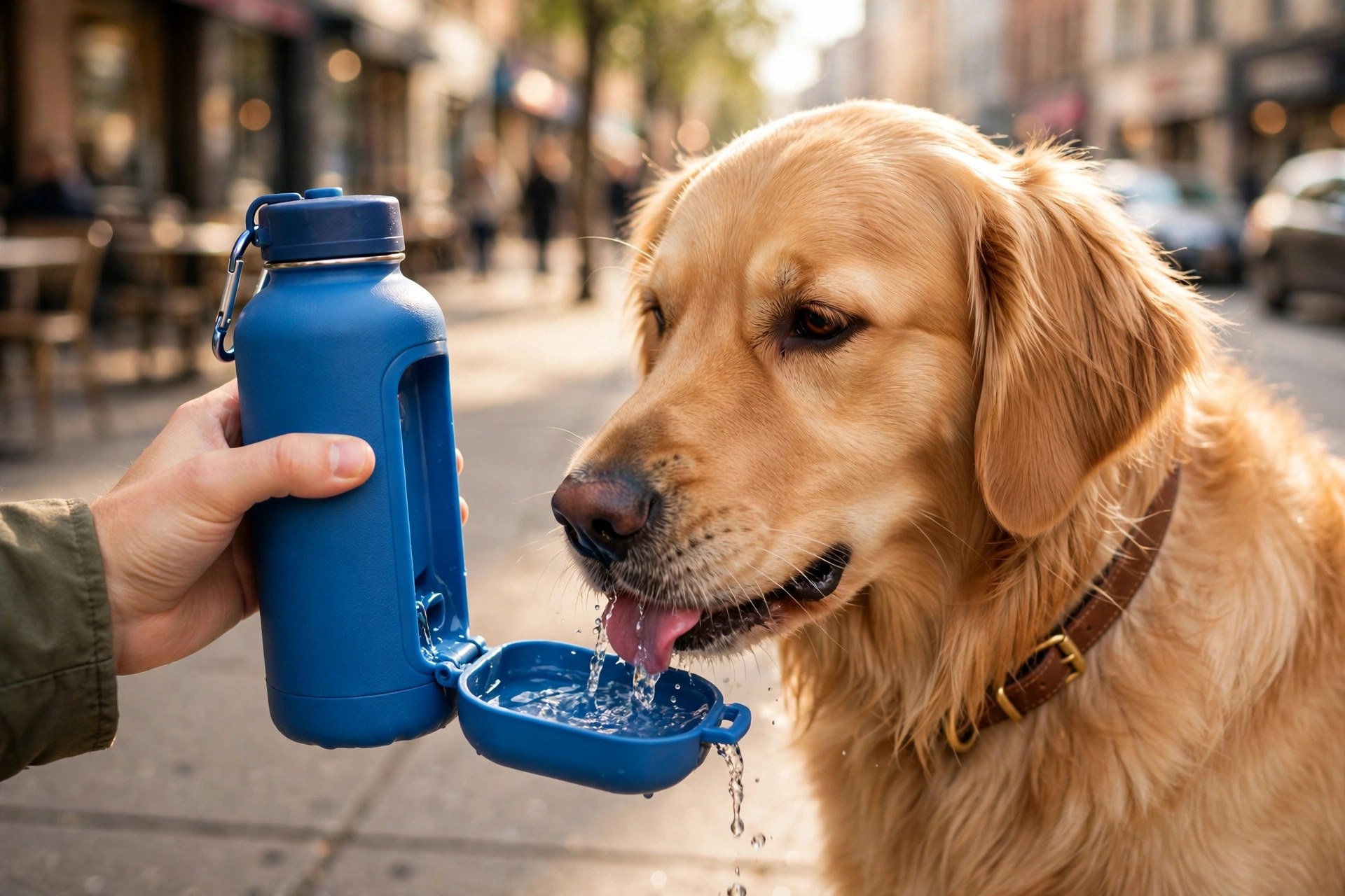 Golden retriever drinking water from a blue portable travel water bottle with a flip-down bowl on a sunny city sidewalk