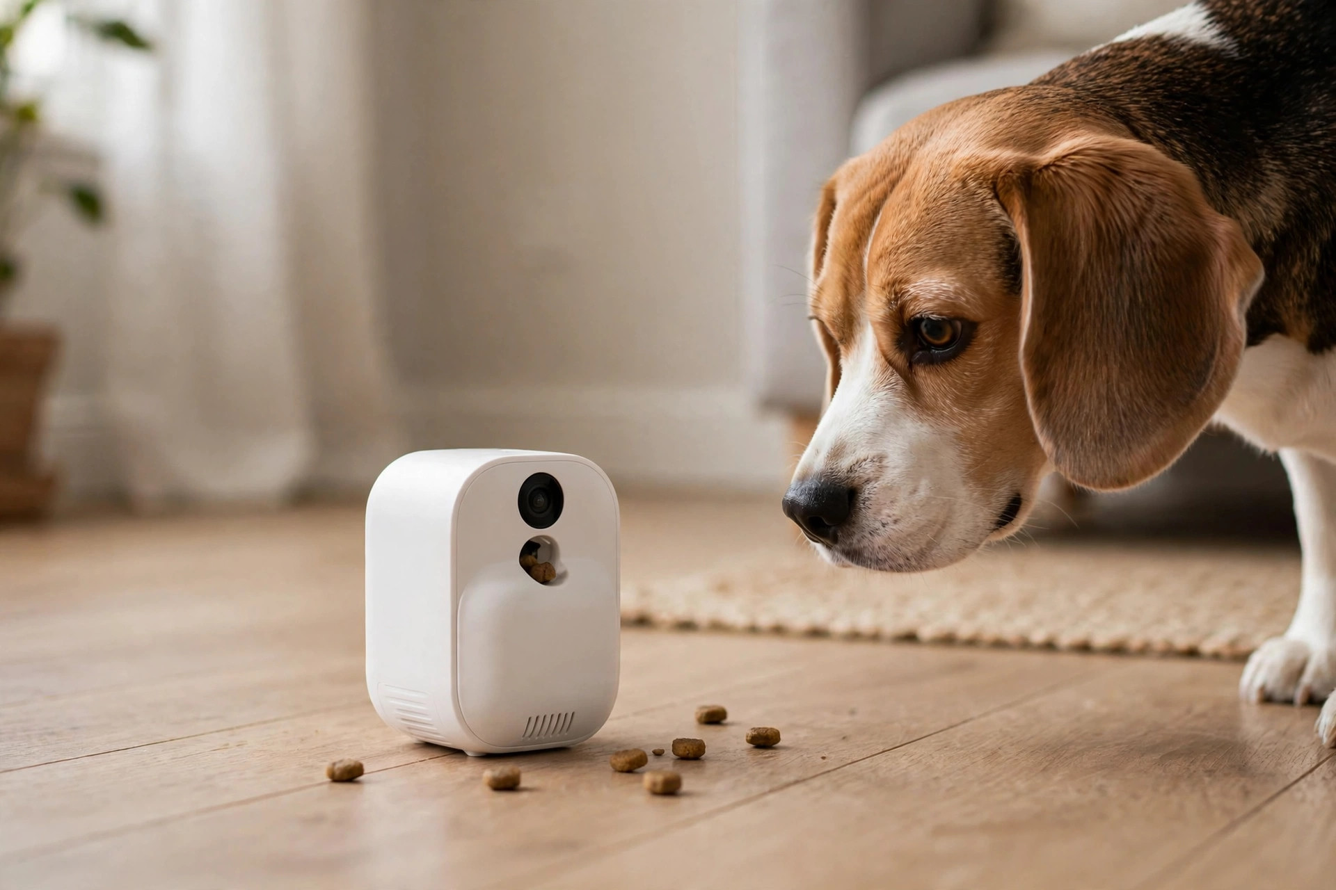Small white treat dispenser camera on an apartment floor with kibble treats scattered nearby, a curious beagle watching it