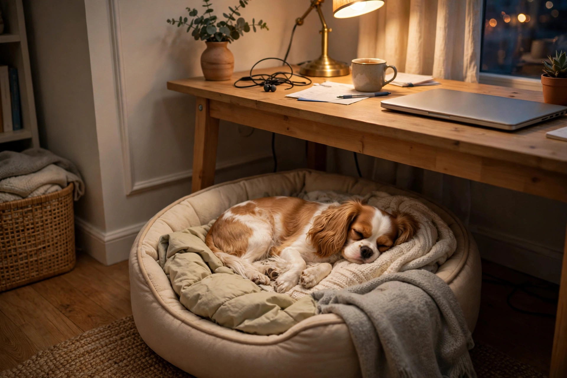 dog sleeping in a low pet bed under a home office desk in a small apartment