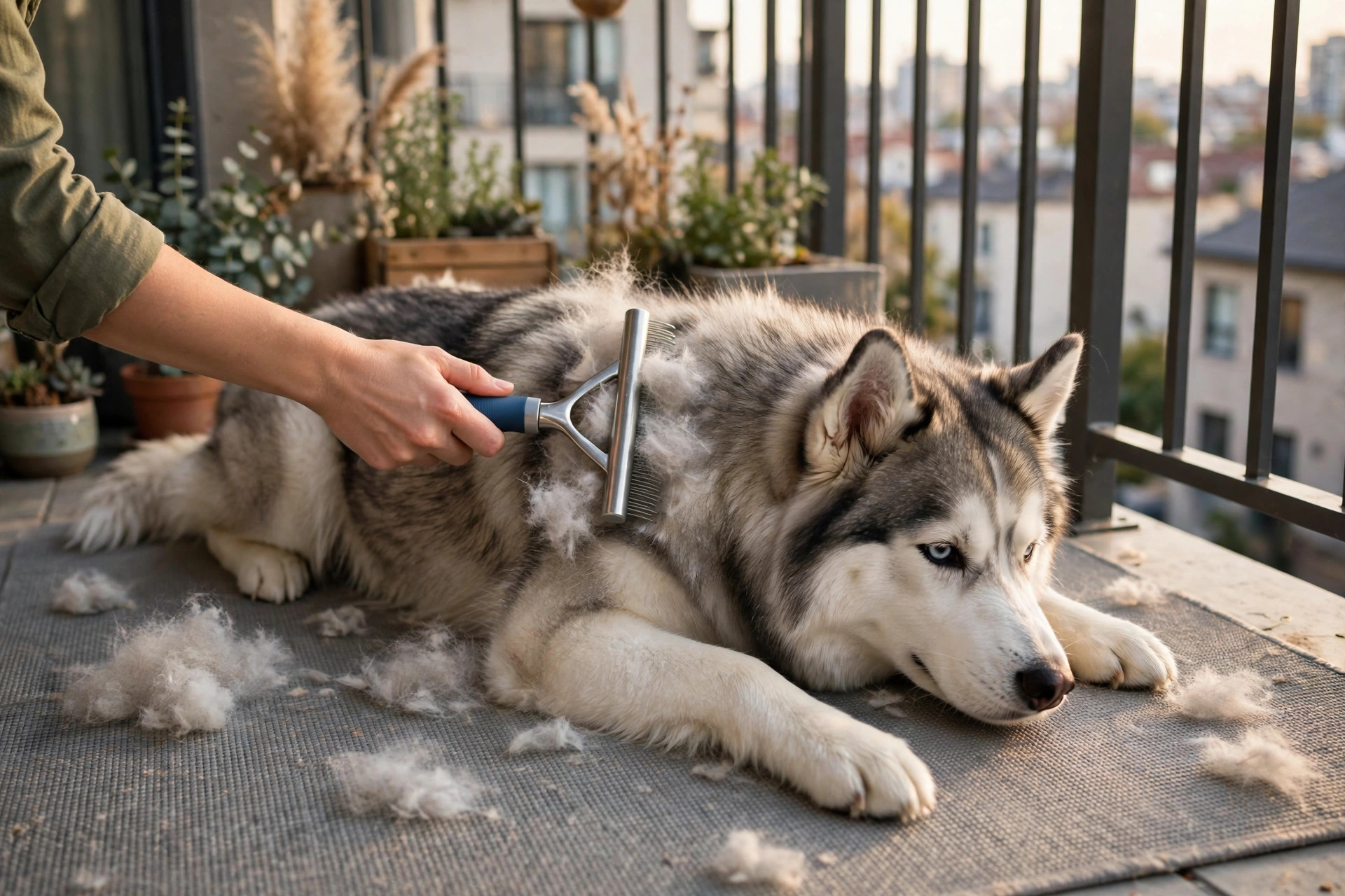 Fluffy husky being gently groomed with an undercoat rake on an apartment balcony, tufts of loose undercoat fur visible