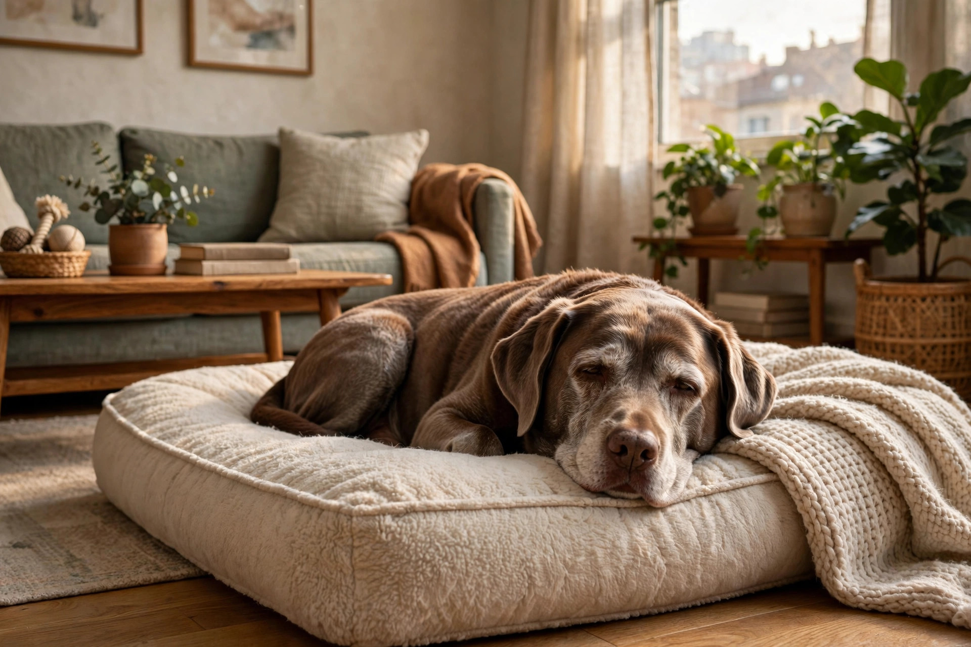 Senior gray-muzzled dog resting comfortably on a dog bed in an apartment living room