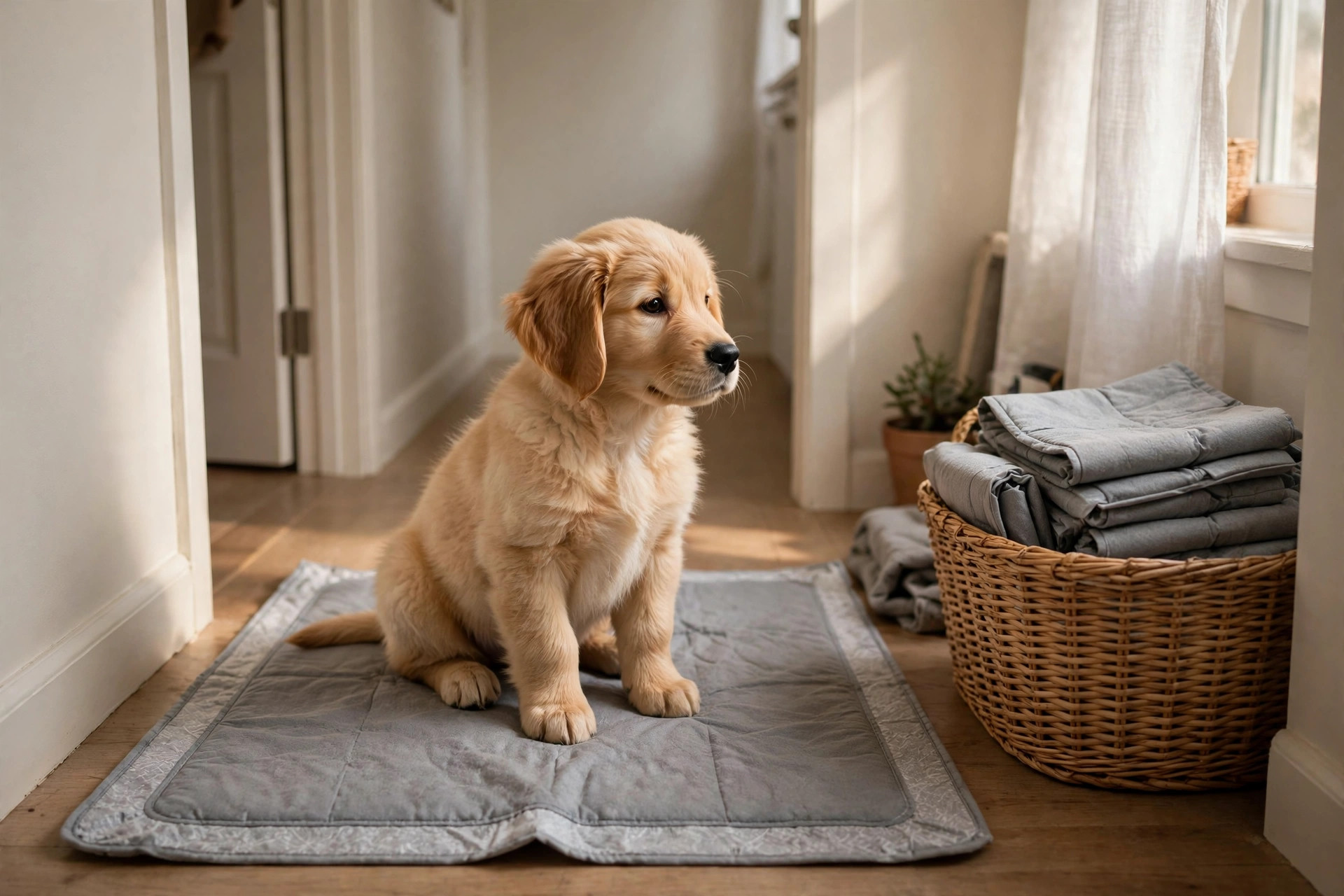 A golden retriever puppy sitting on a gray washable pee pad in a bright small apartment hallway, with folded pads nearby