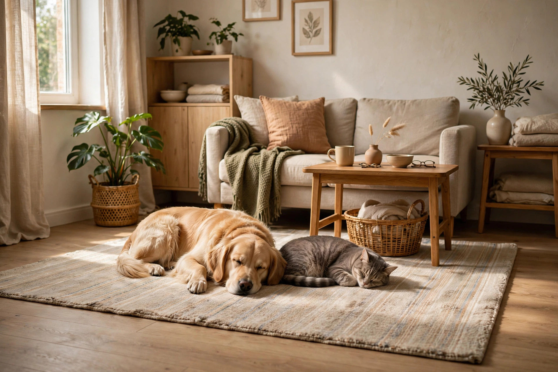 washable low-pile rug in a cozy small apartment living room with a dog and cat resting nearby