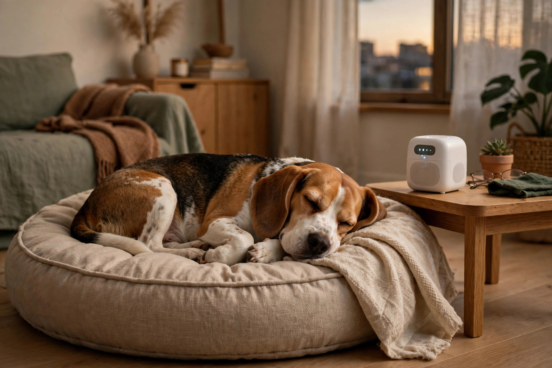 Relaxed beagle sleeping peacefully on a cozy dog bed in a calm apartment living room, small white noise machine on a side table nearby