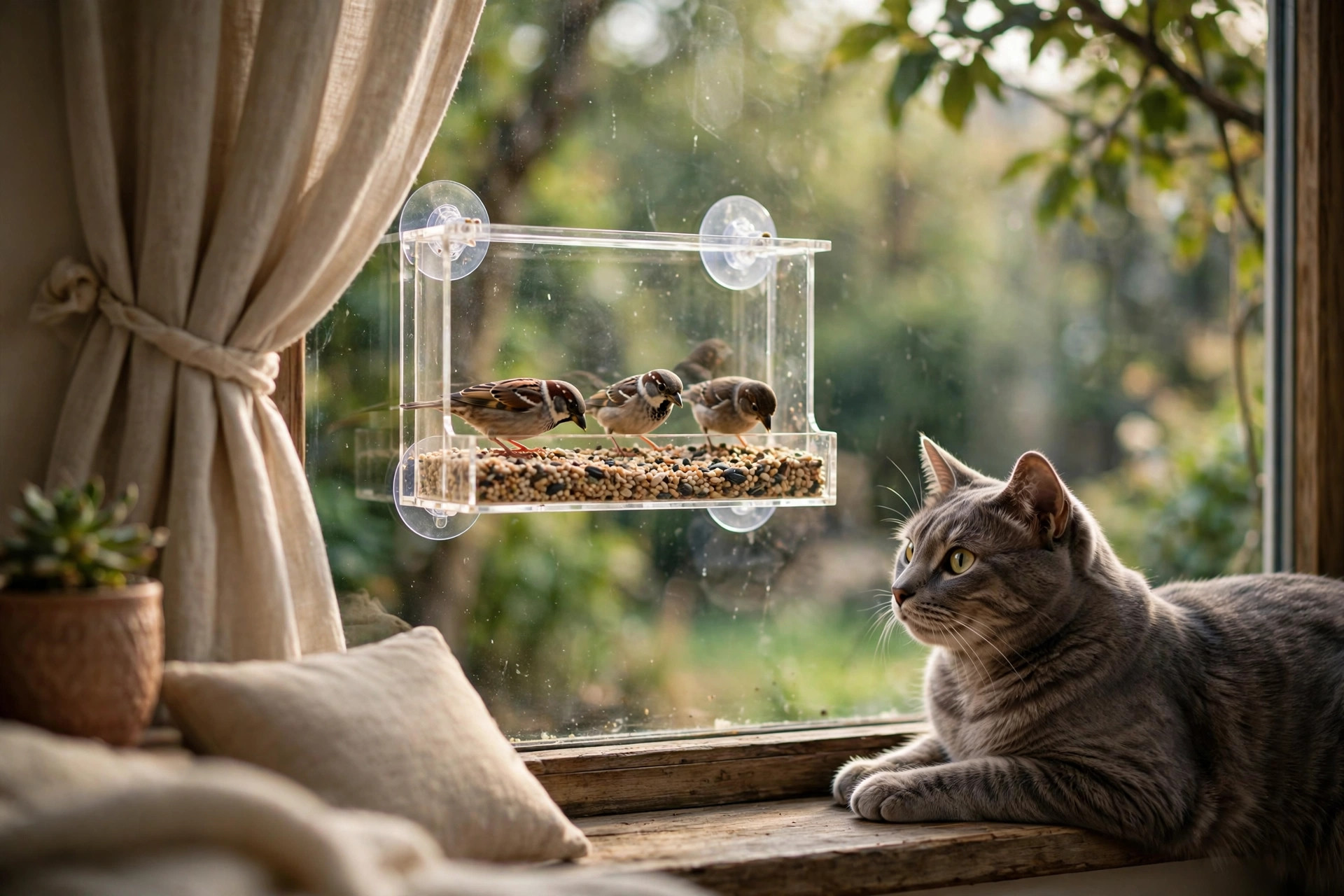 Clear acrylic bird feeder suction-cupped to an apartment window with small birds eating seeds, a cat watching from the windowsill inside