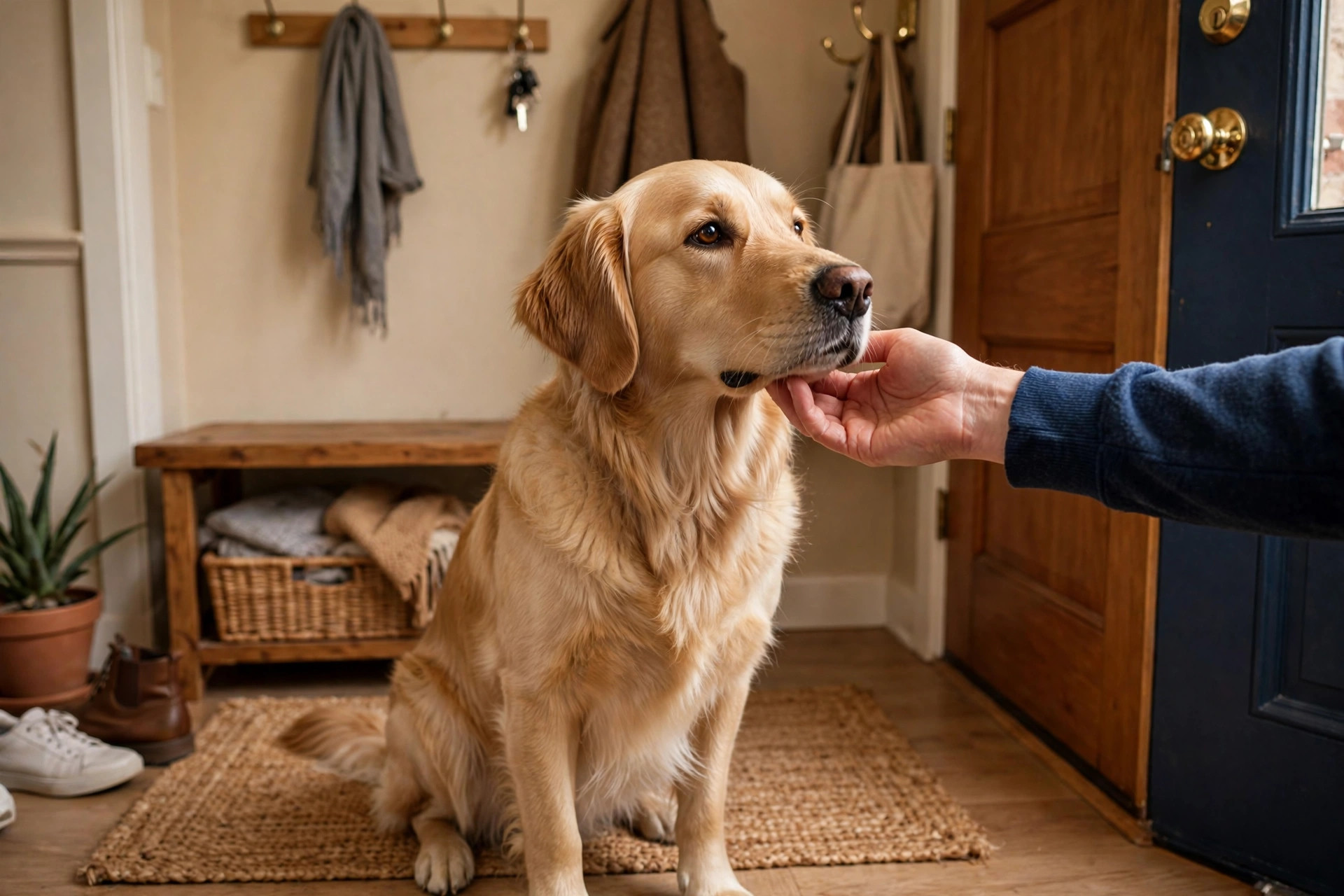 dog sitting calmly with all four paws on the floor greeting a guest in an entryway