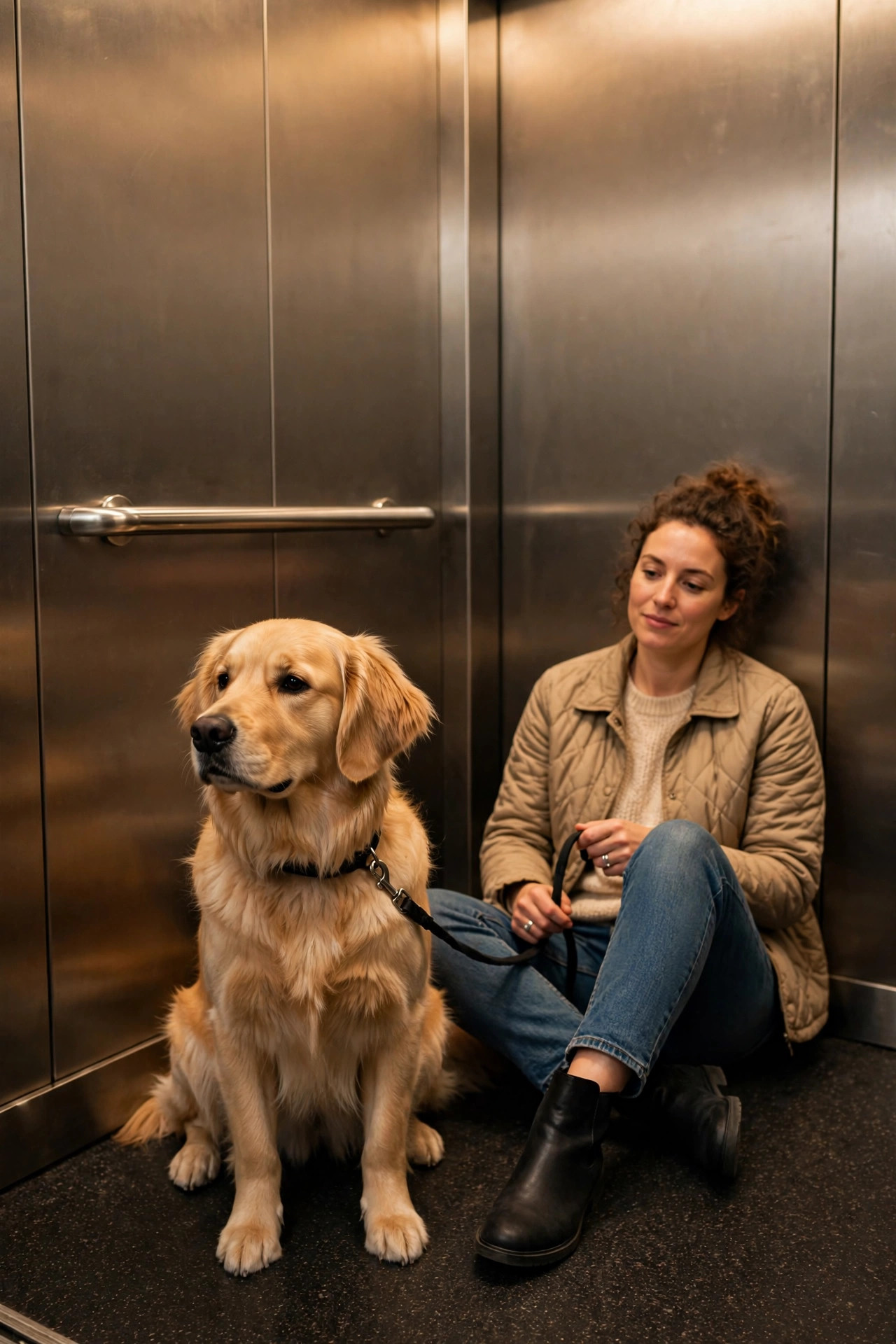 Dog sitting calmly in an elevator corner beside its owner