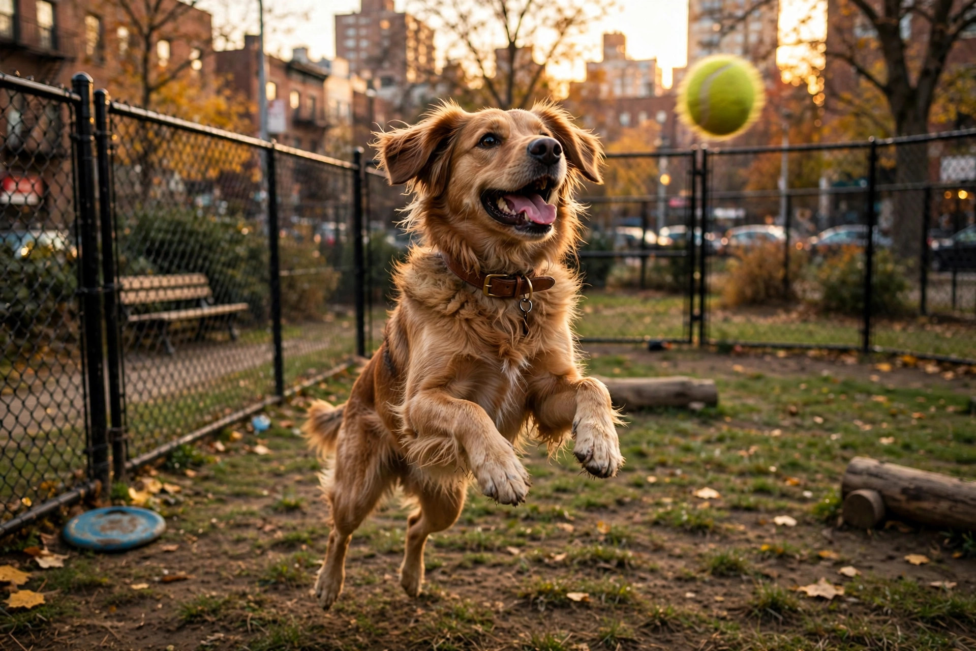 happy dog playing in a fenced city dog park with apartment buildings behind