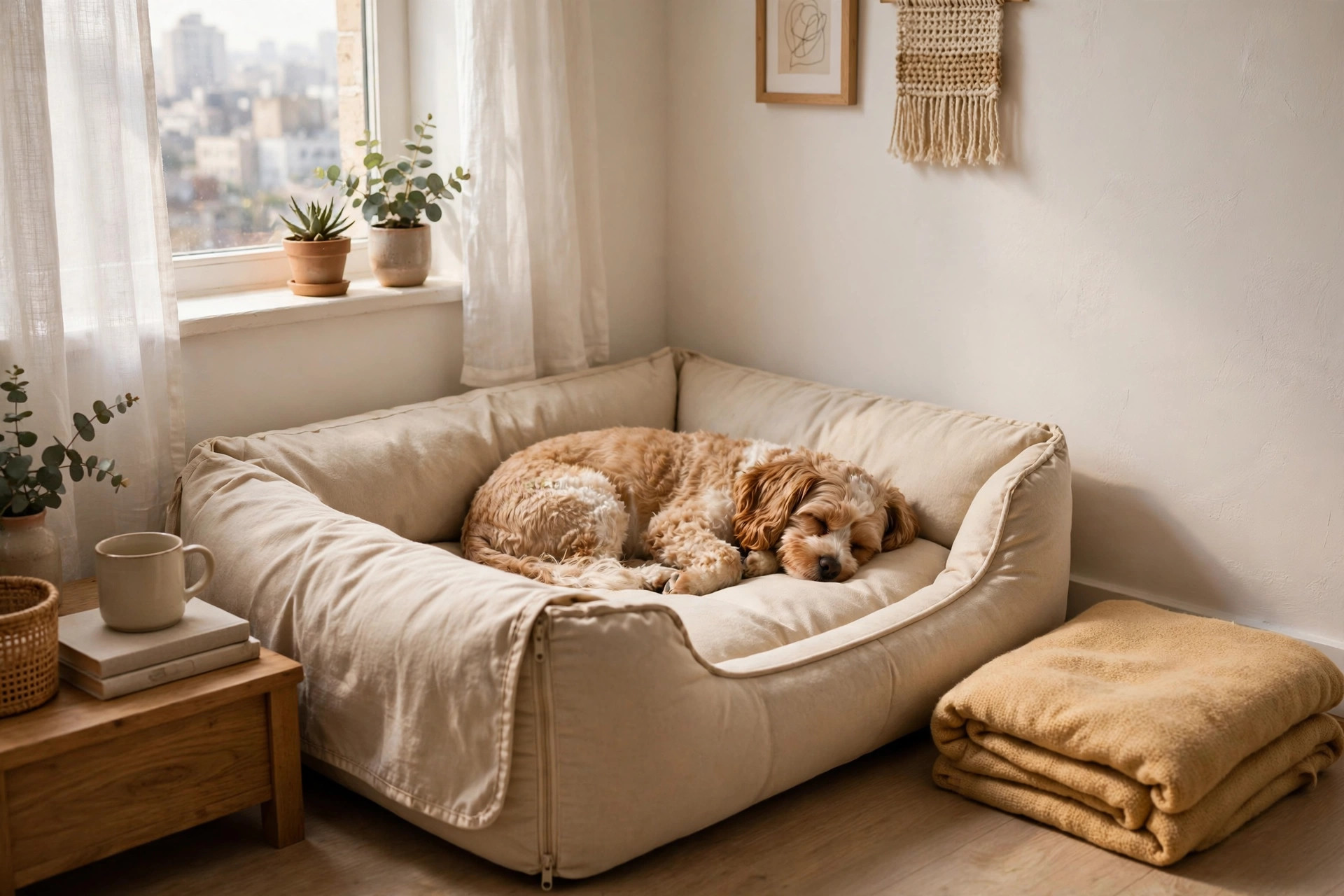 washable dog bed with removable cover in apartment bedroom