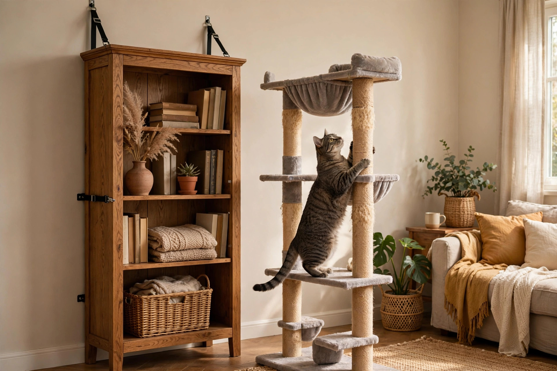 Tall bookcase secured to the wall with anti-tip straps while a cat climbs a cat tree
