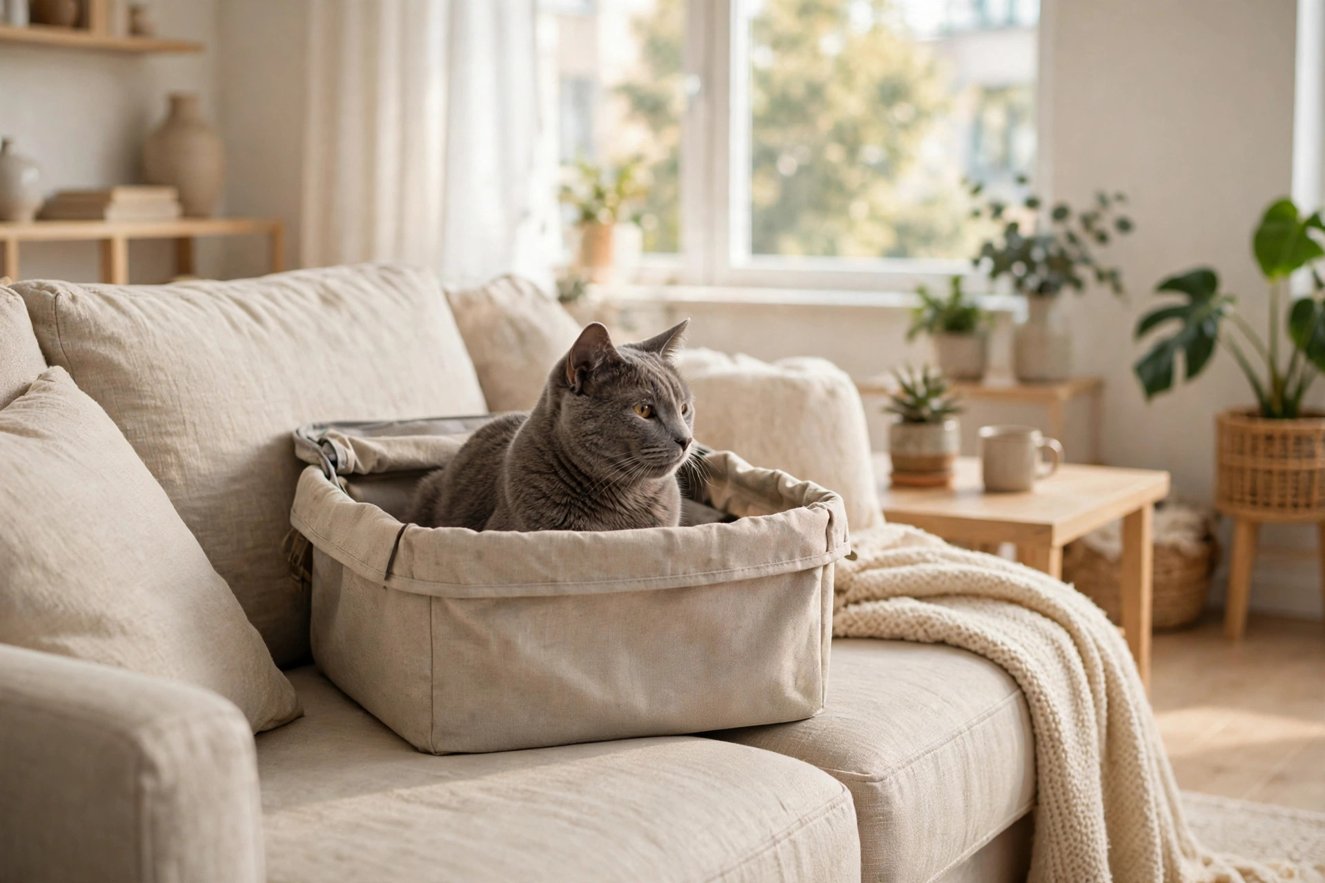 calm gray cat sitting inside an open-top pet carrier on a sofa in a bright apartment living room