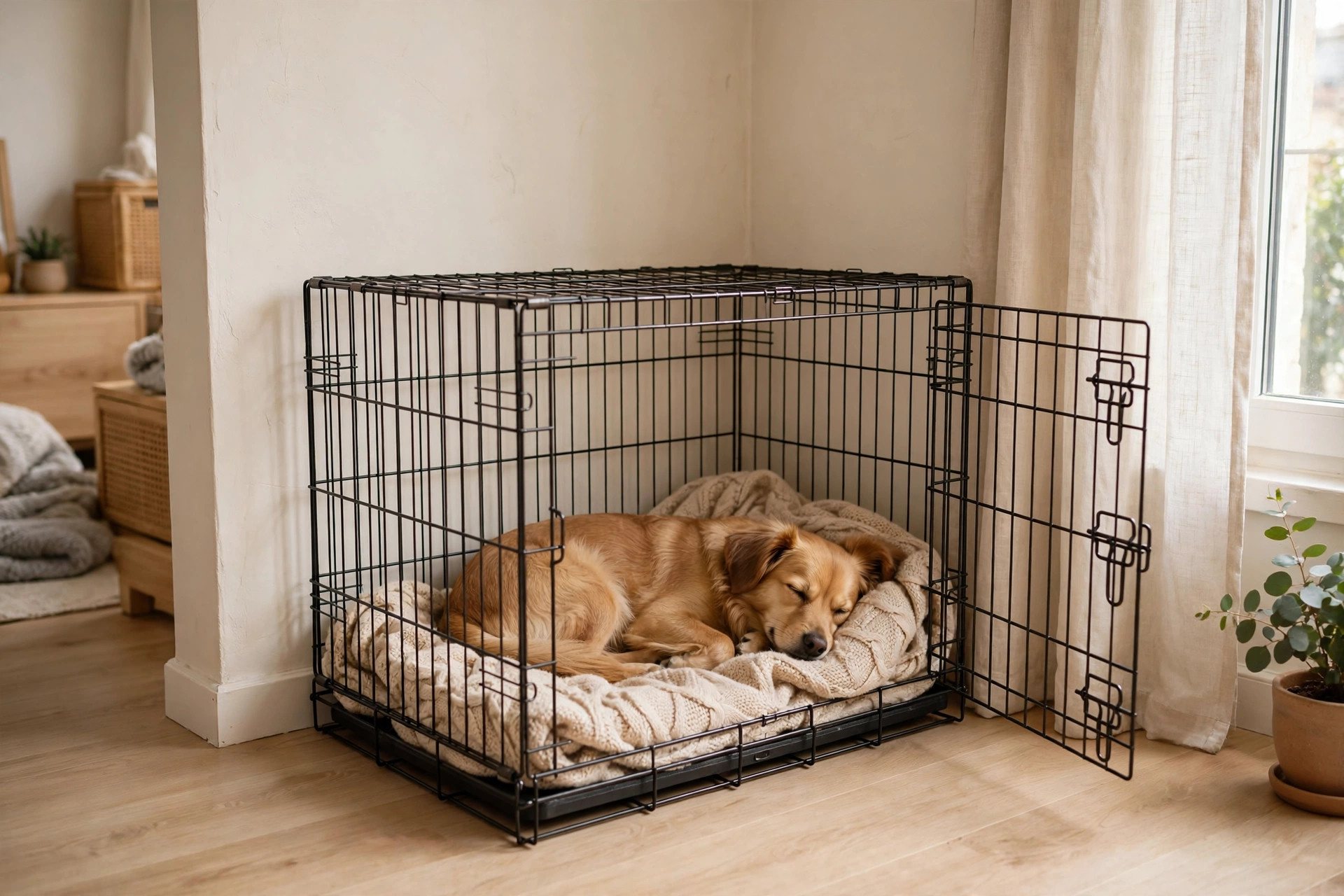 cozy dog crate with soft blanket in a bright apartment corner, dog resting inside