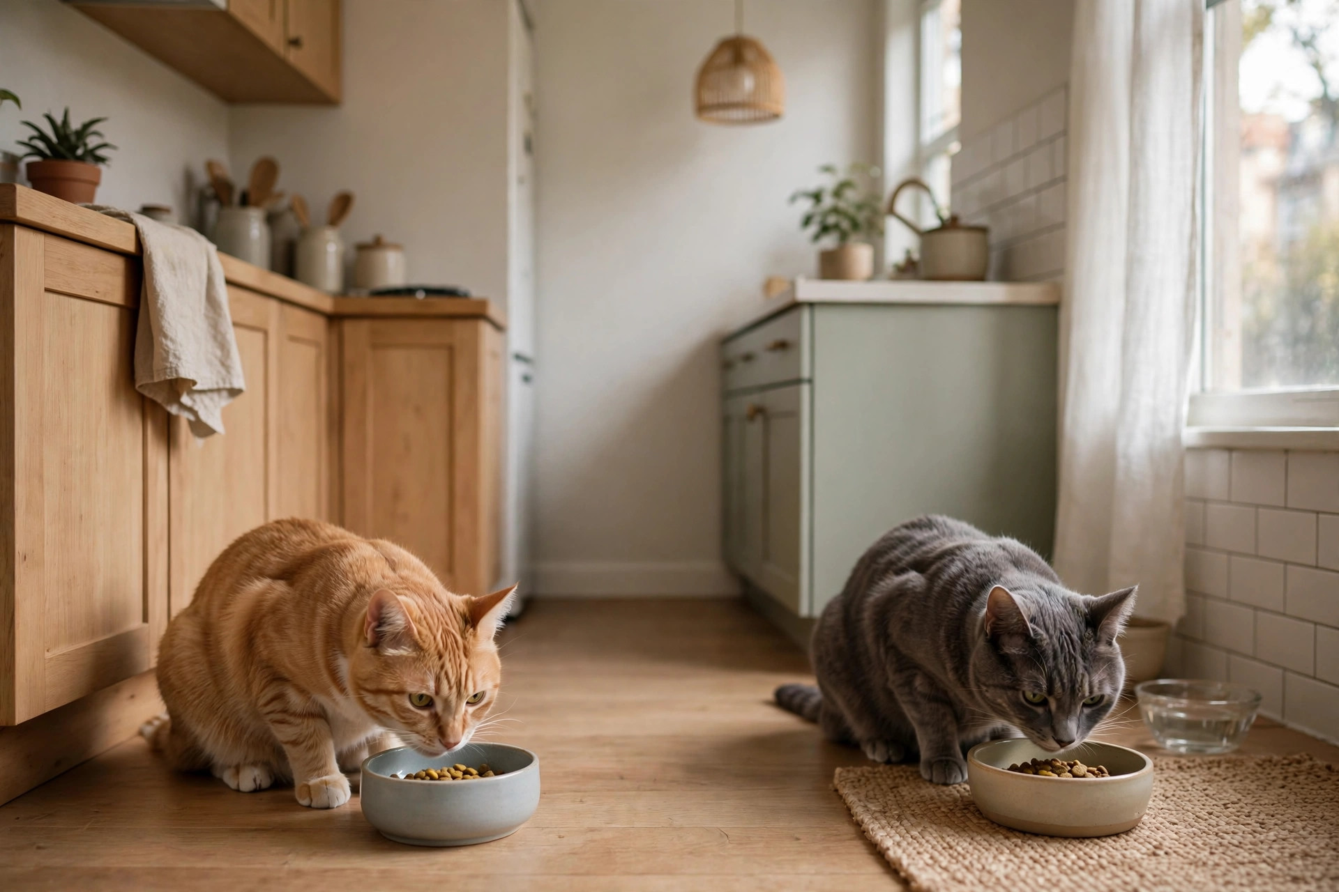 two cats eating from separate bowls on opposite sides of a small apartment kitchen