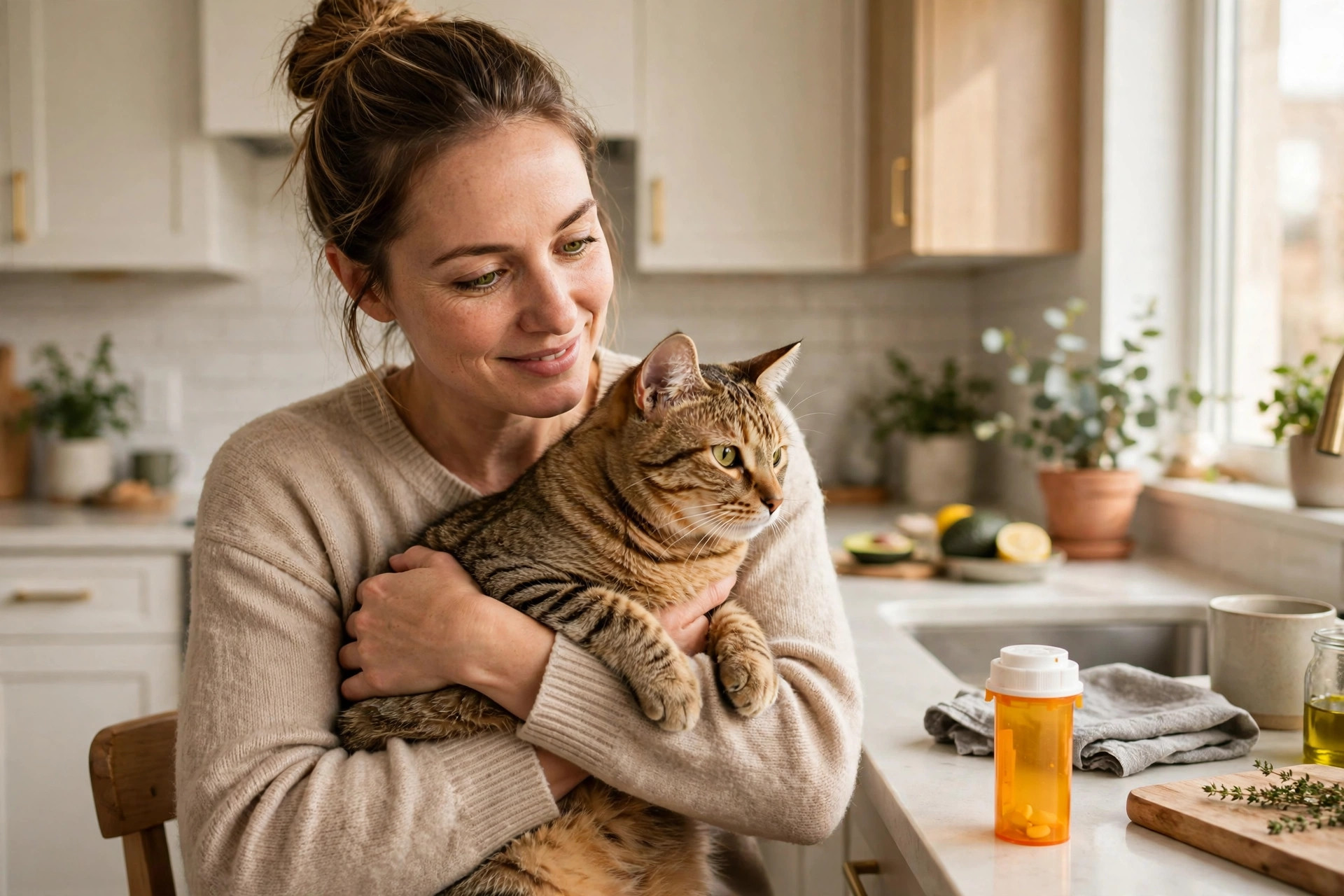 person gently holding a calm tabby cat in a bright apartment kitchen, pill bottle on the counter nearby