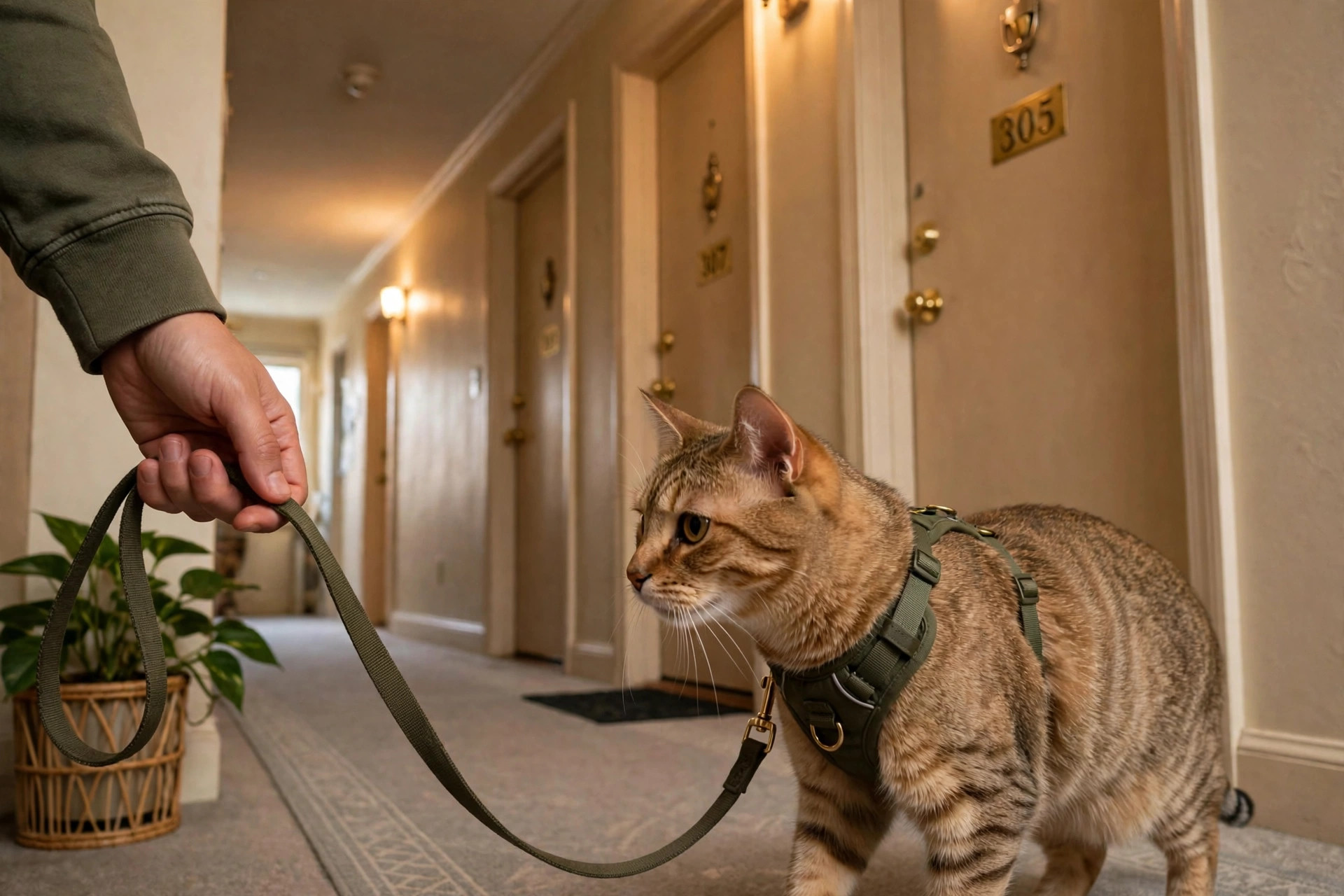 cat wearing a harness and leash exploring a quiet apartment building hallway
