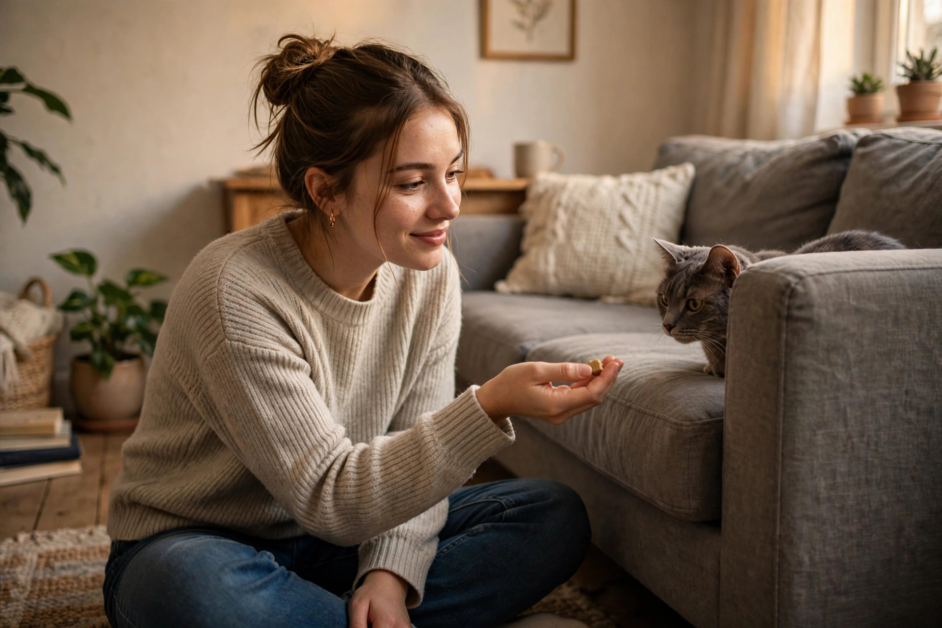 young woman sitting on the floor of a small apartment living room offering a treat to a cautious gray cat