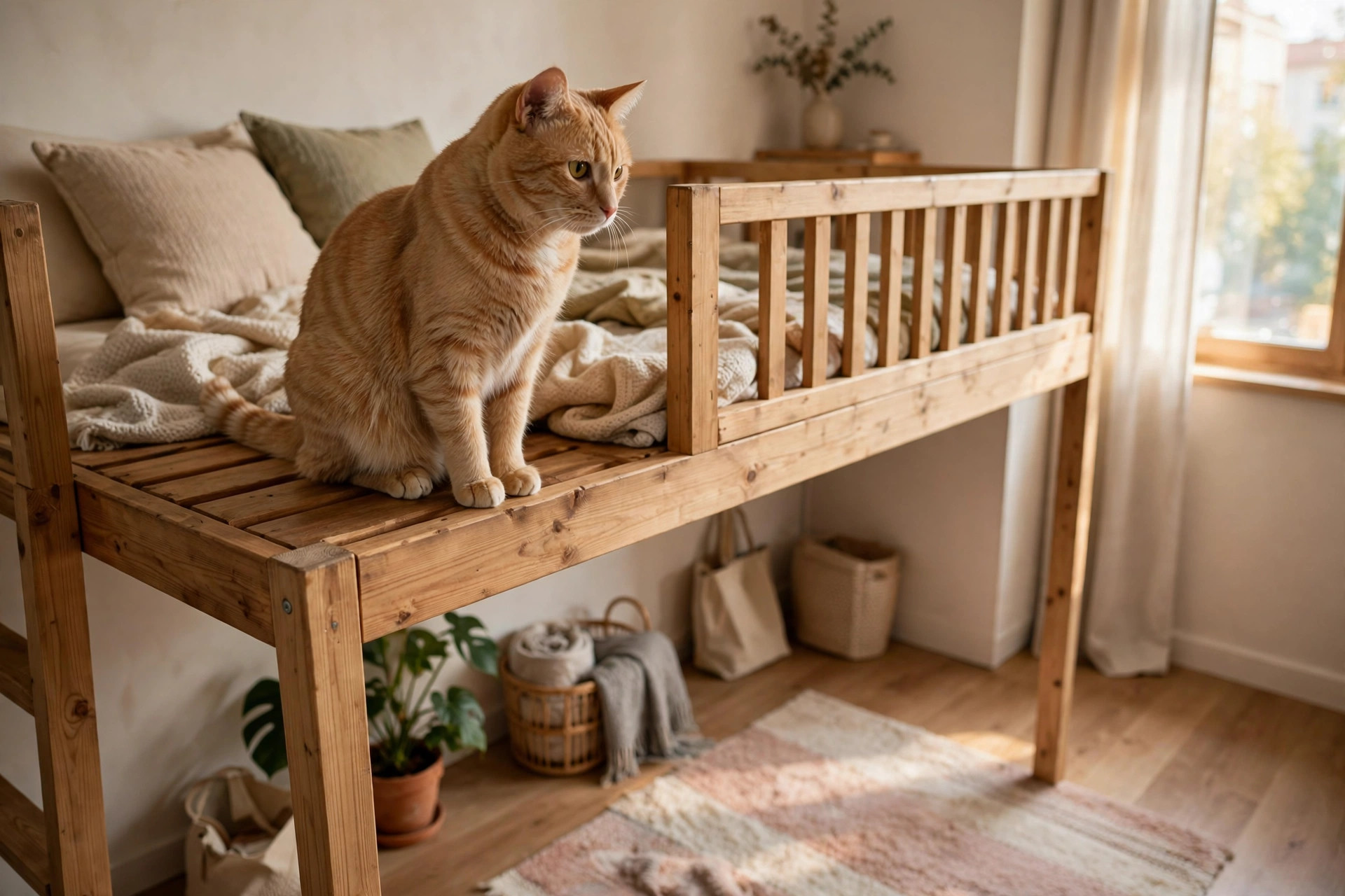Cat on a loft bed with a safety guard rail and a soft rug on the floor below
