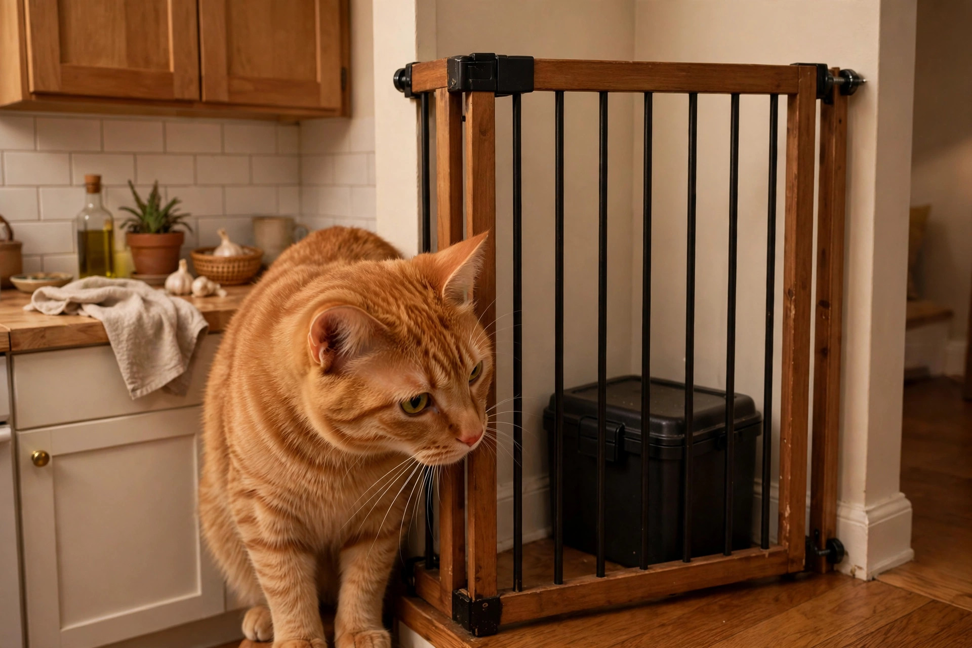 an orange cat sniffing near a secured enclosed pest bait station tucked behind a pet gate in a small apartment kitchen