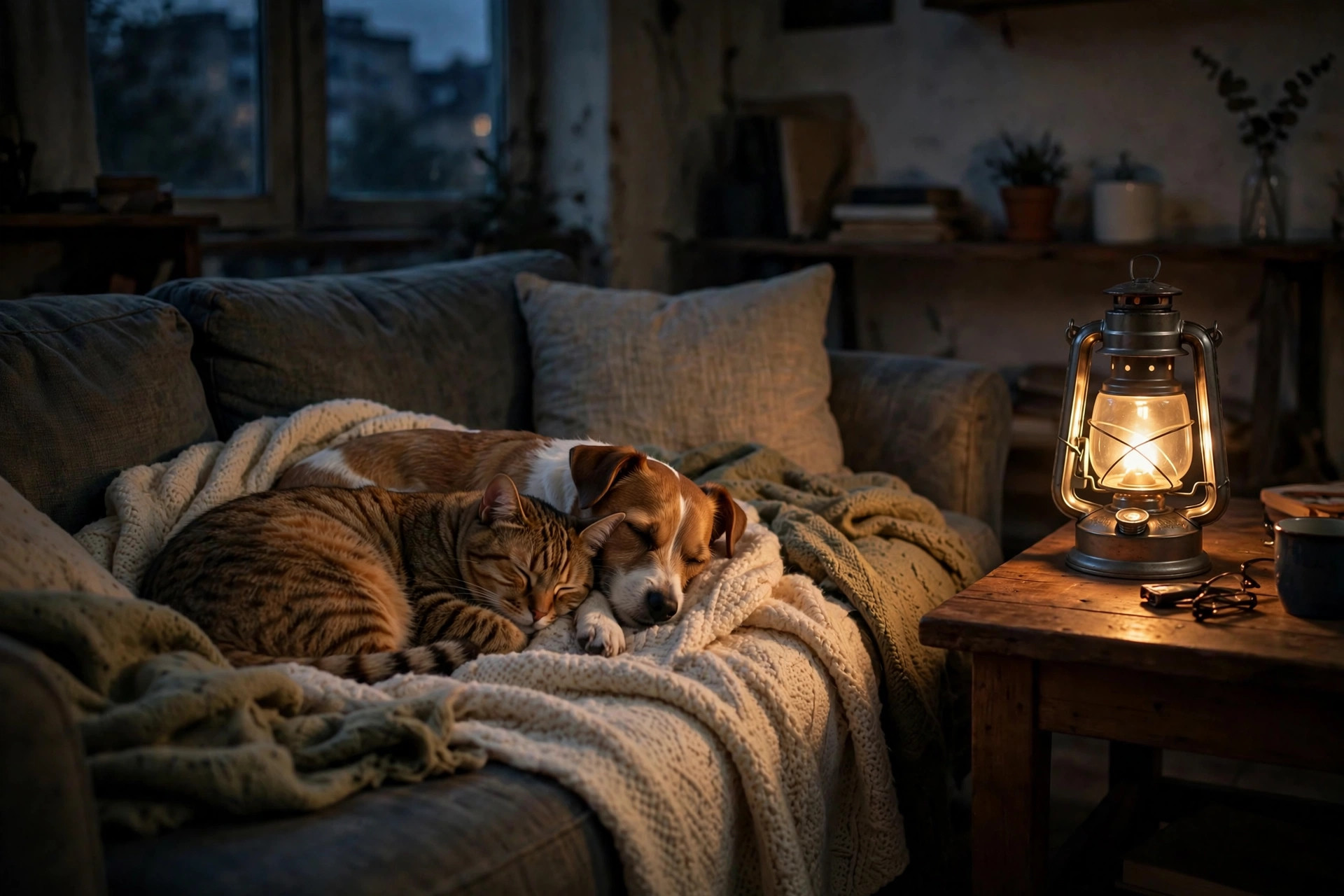 Cat and small dog resting on a sofa in a dim apartment during a power outage with a glowing lantern nearby