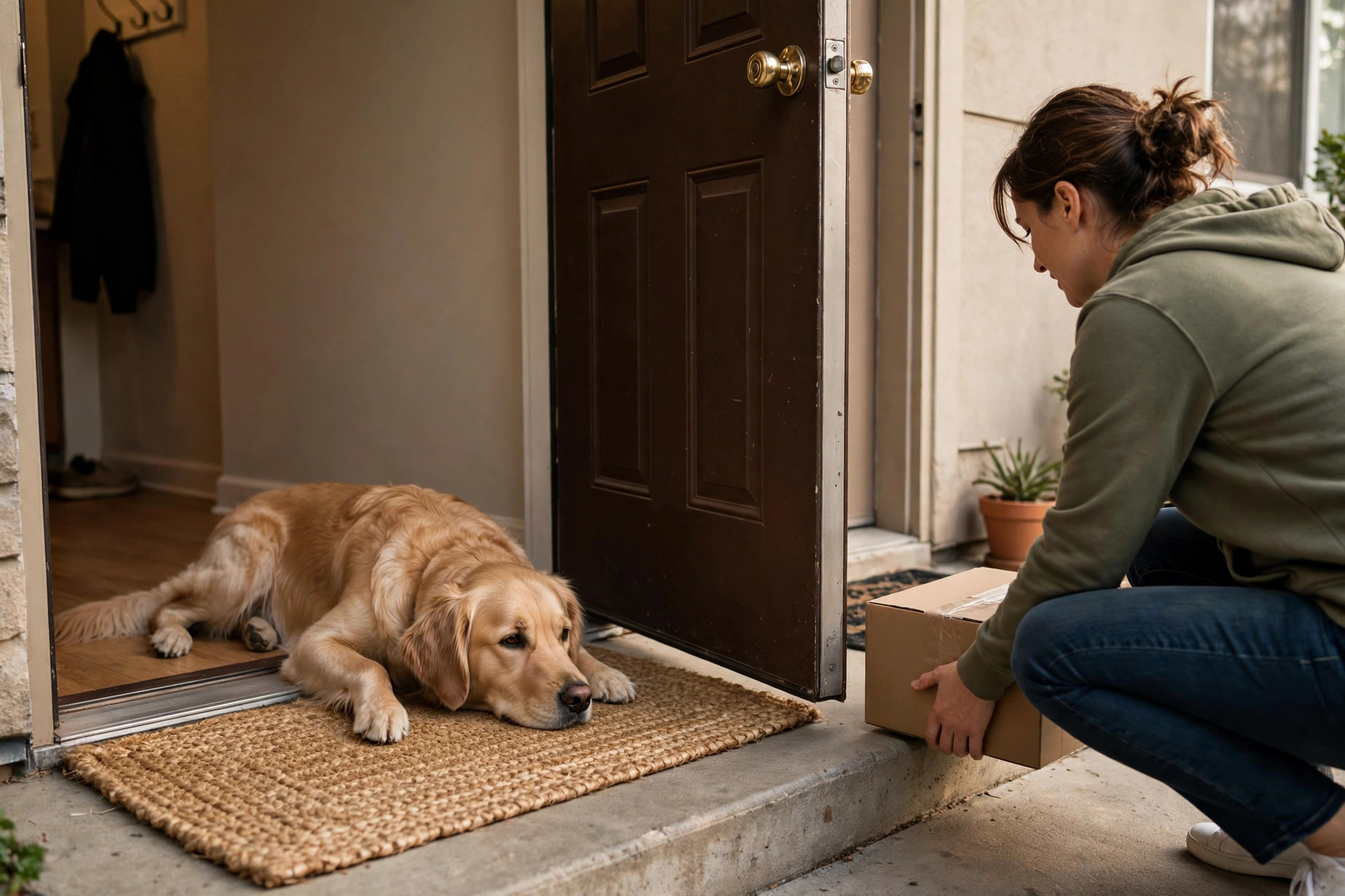 dog lying calmly on a mat near the front door while the owner collects a delivery package