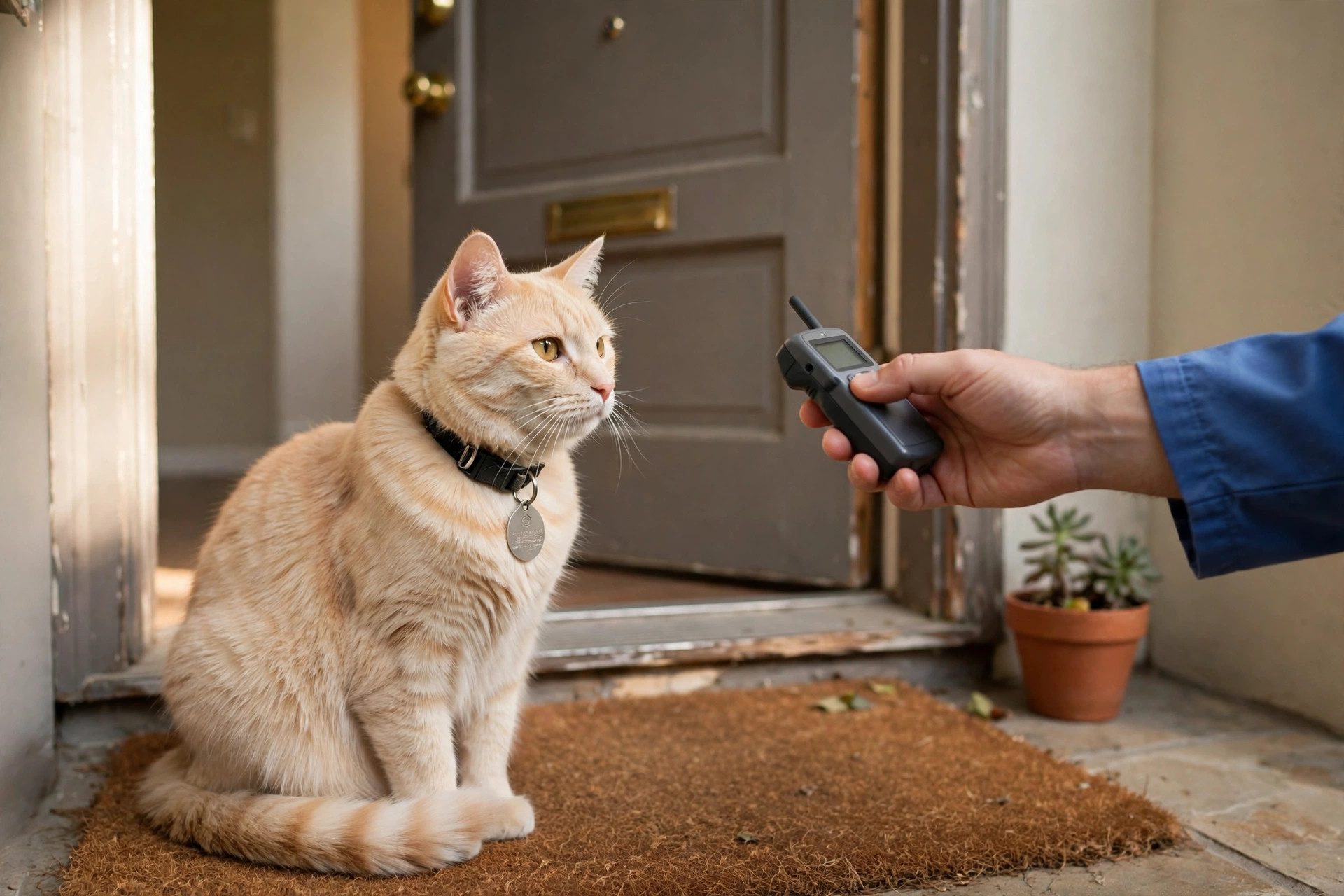 Cat wearing a collar with an ID tag by an apartment door near a microchip scanner