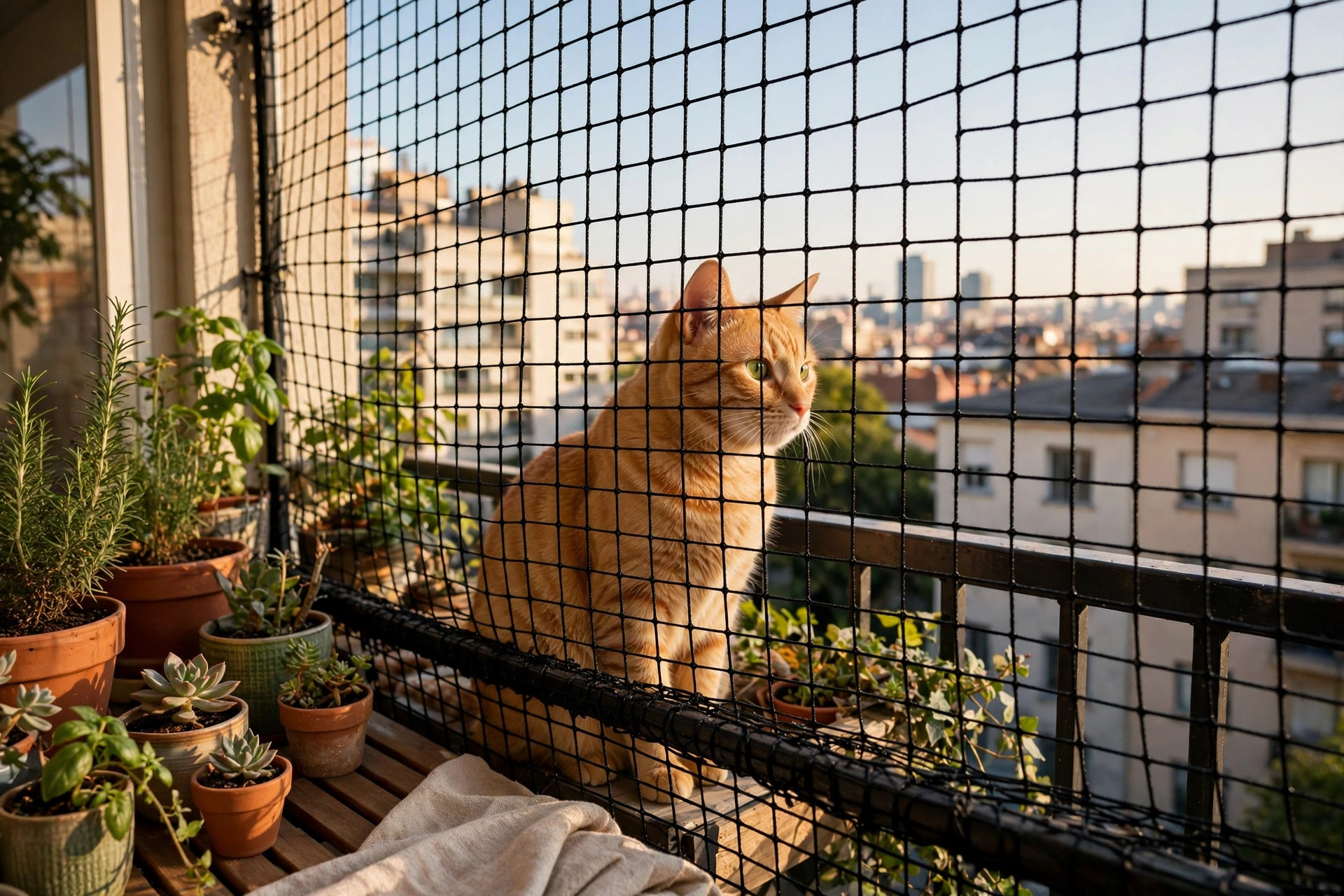 Cat sitting safely behind balcony netting on a sunny apartment balcony