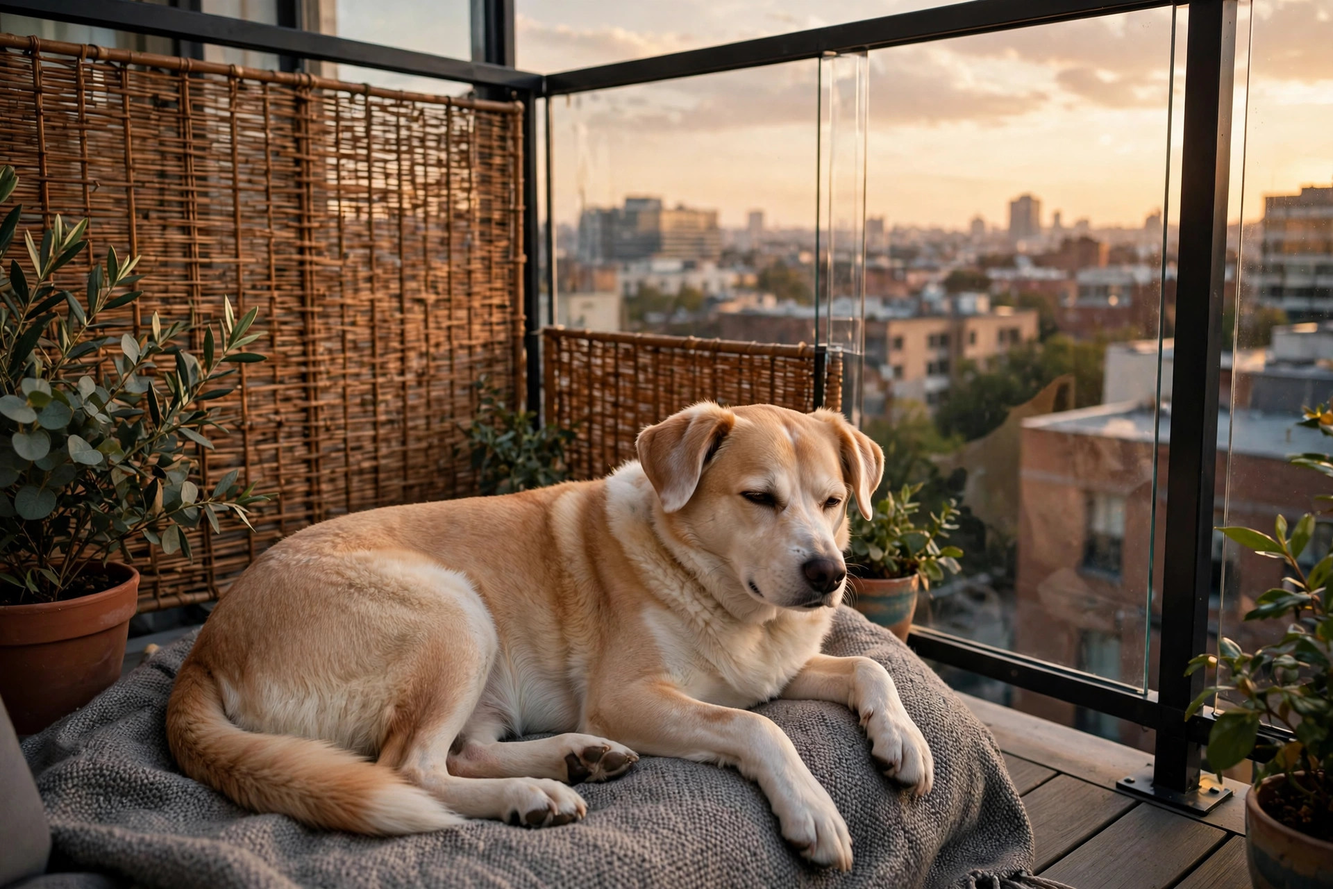 Dog relaxing safely on an apartment balcony with clear panels