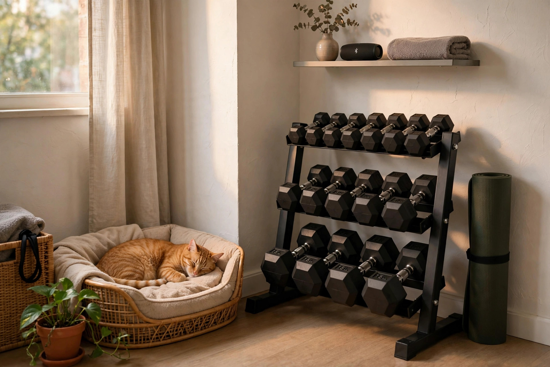 Tidy apartment home gym corner with racked dumbbells and a cat on a nearby pet bed