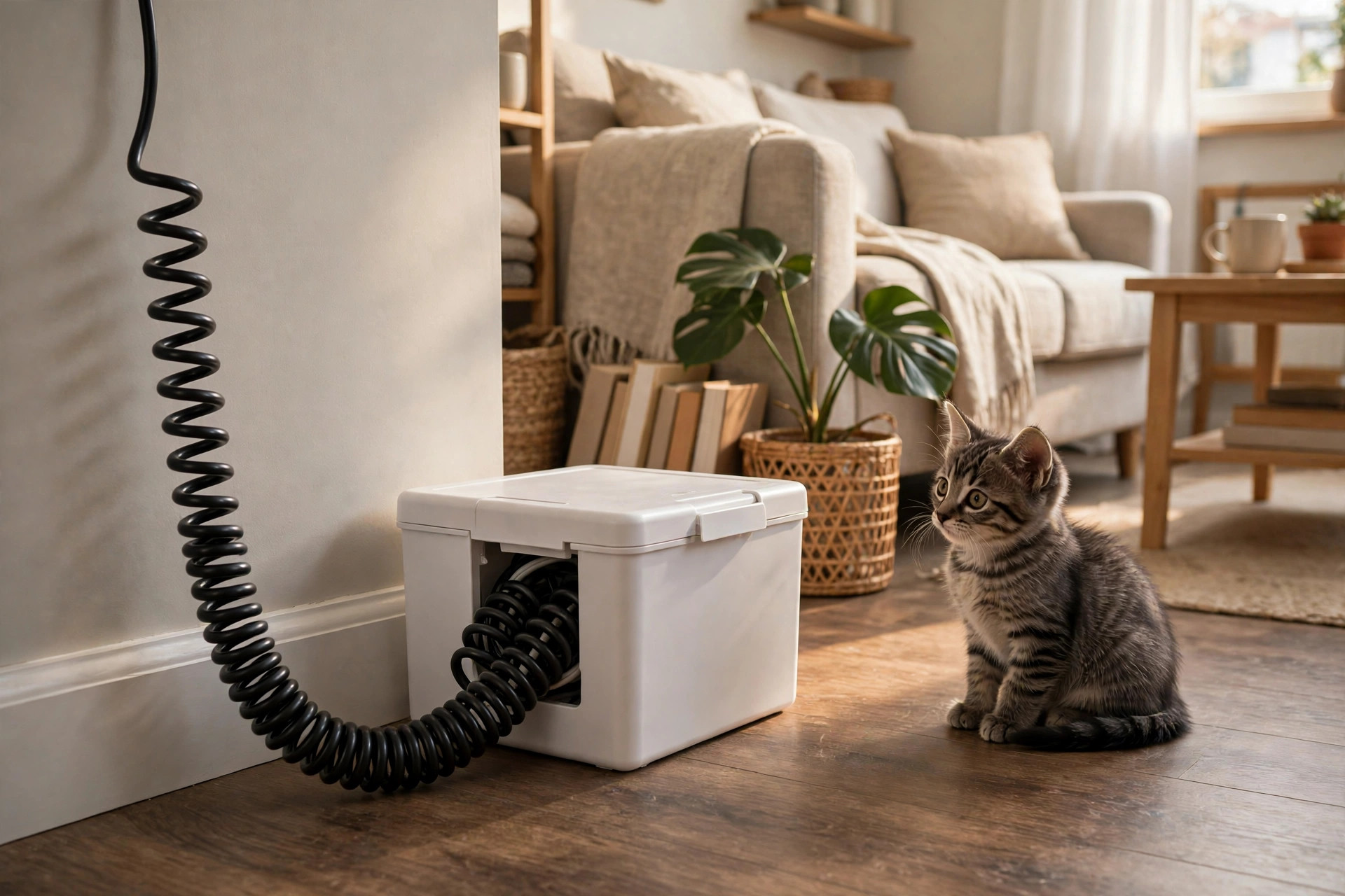 Electrical cords in a studio apartment covered with cord protectors while a kitten watches nearby