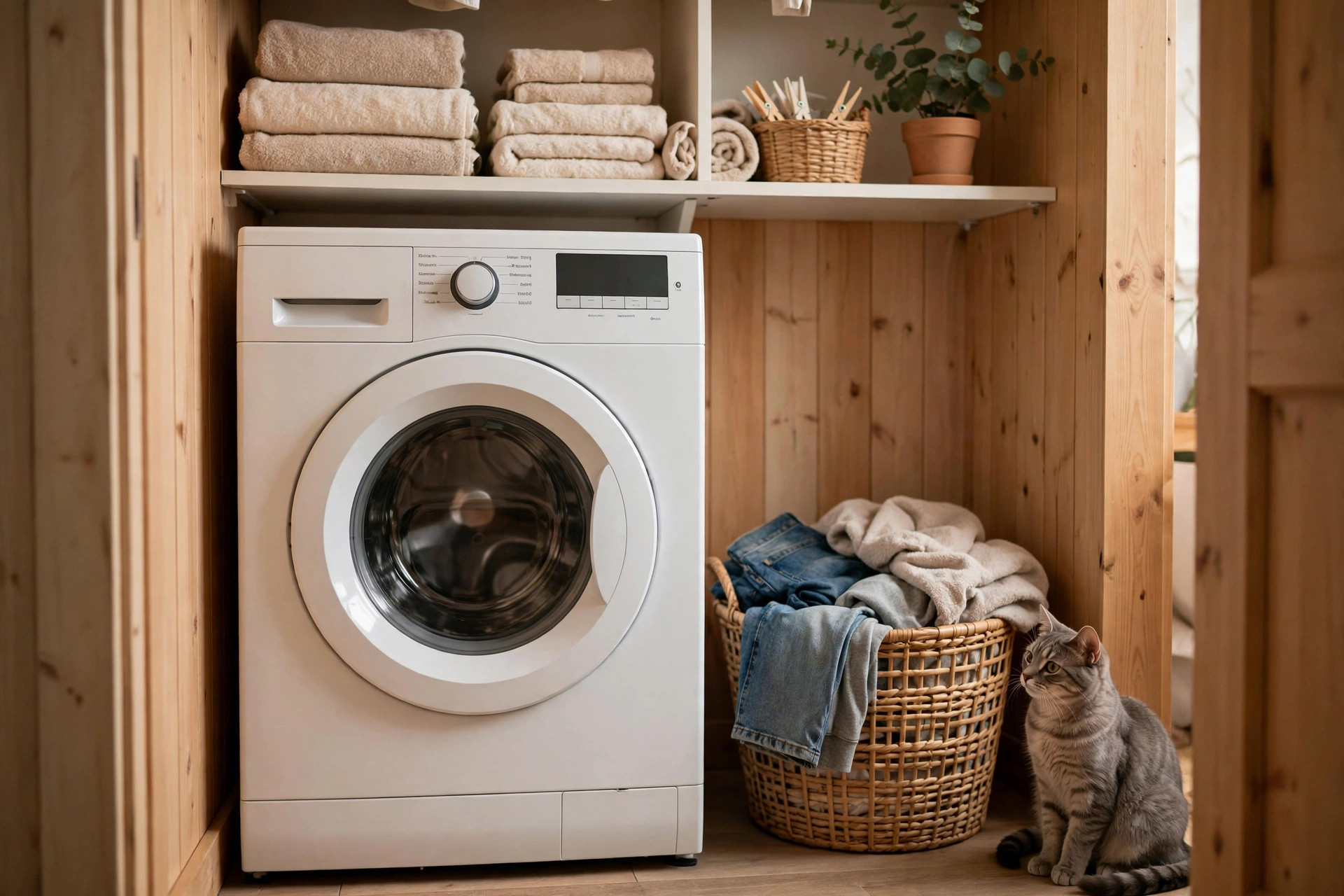 closed front-loading washing machine in a small laundry closet with a cat sitting nearby