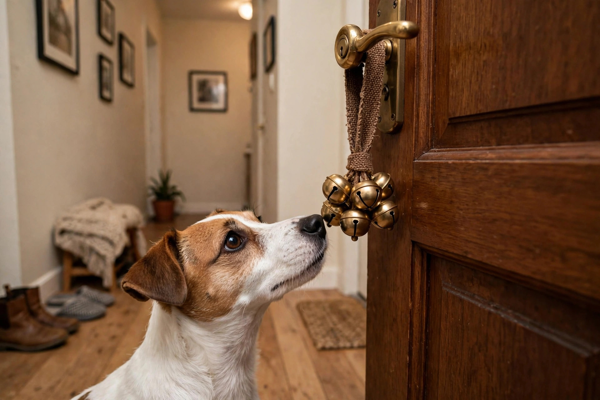 small dog touching its nose to jingle bells hanging on a strap from an apartment front door