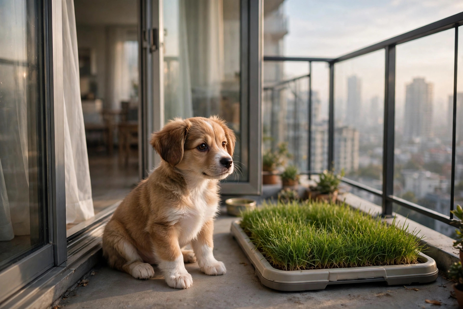 small puppy on a balcony grass patch tray beside a sliding glass door with city view