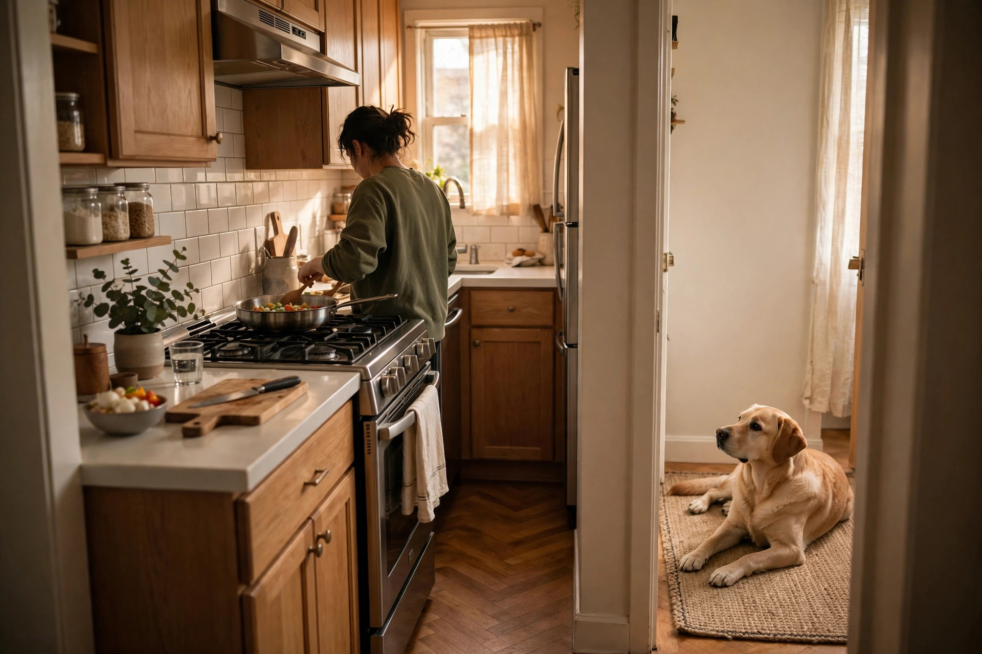 dog lying calmly on a mat outside a small galley kitchen while its owner cooks
