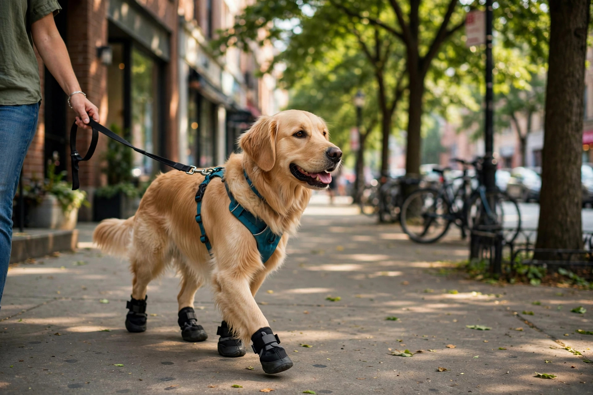 dog walking on a shaded city sidewalk in summer while owner checks the pavement by hand