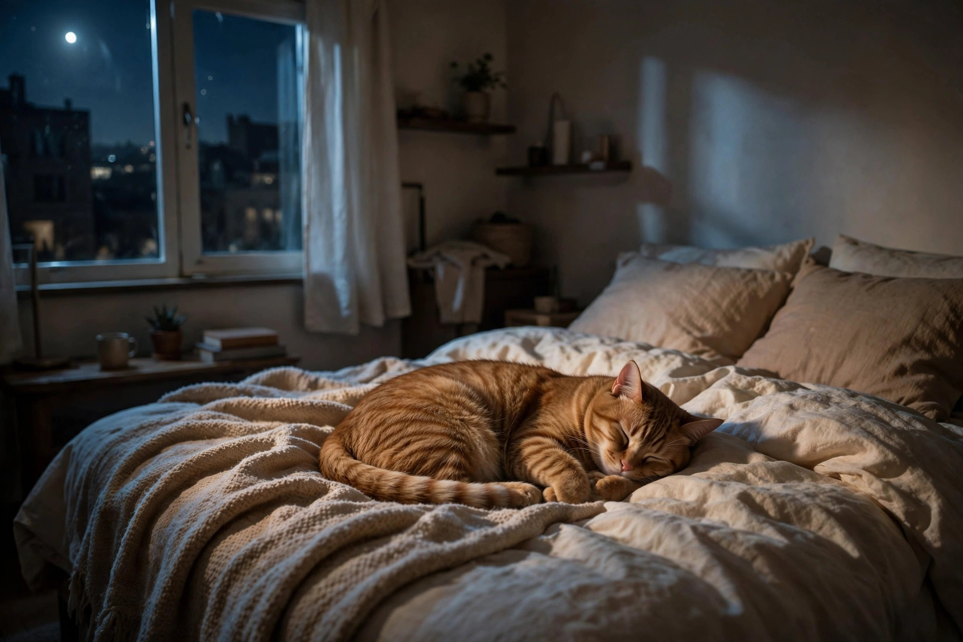 cat sleeping peacefully curled up on a bed in a dim studio apartment at night