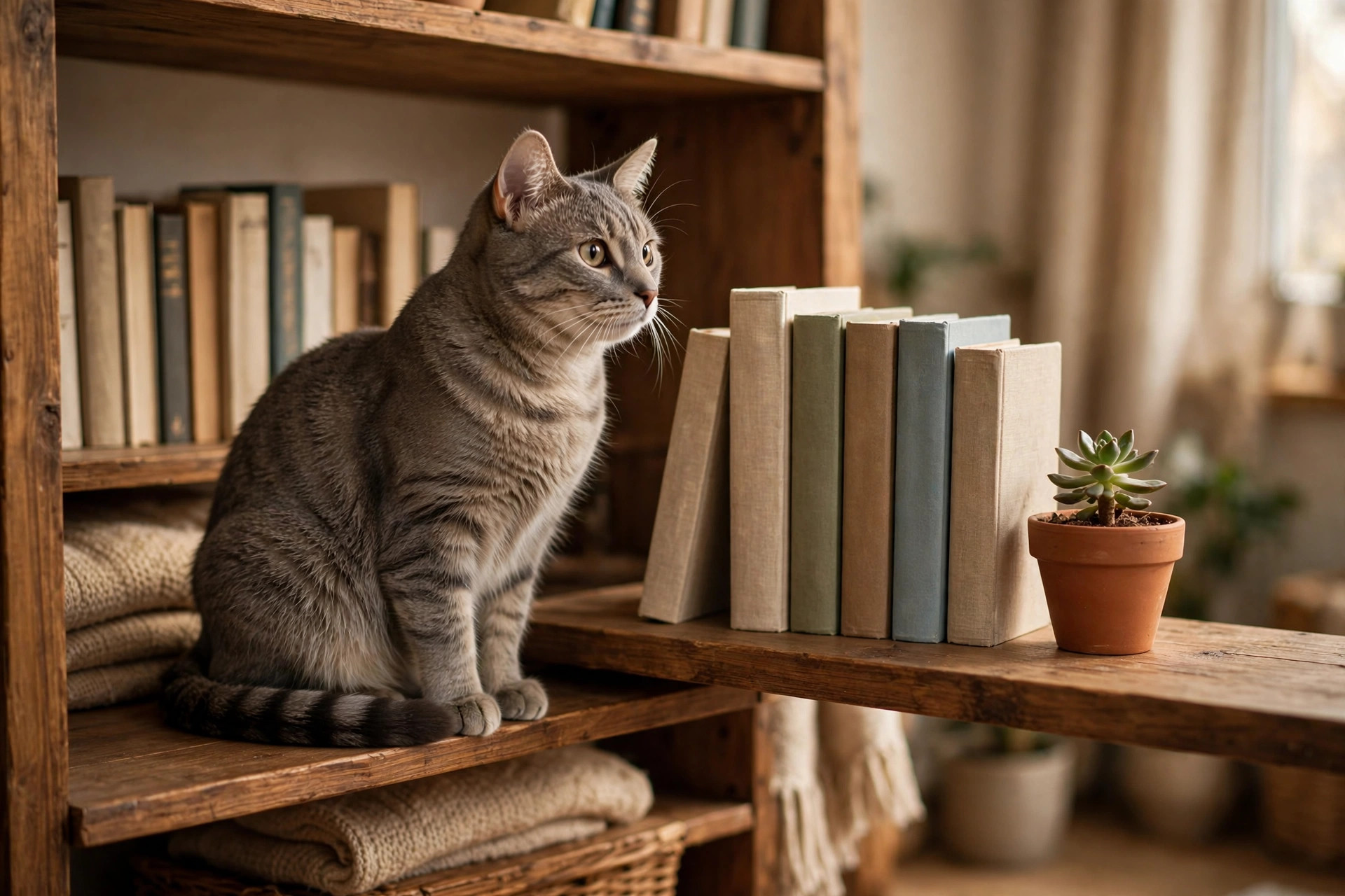 curious cat sitting on a wooden bookshelf in a cozy apartment, looking at neatly arranged books and a small plant
