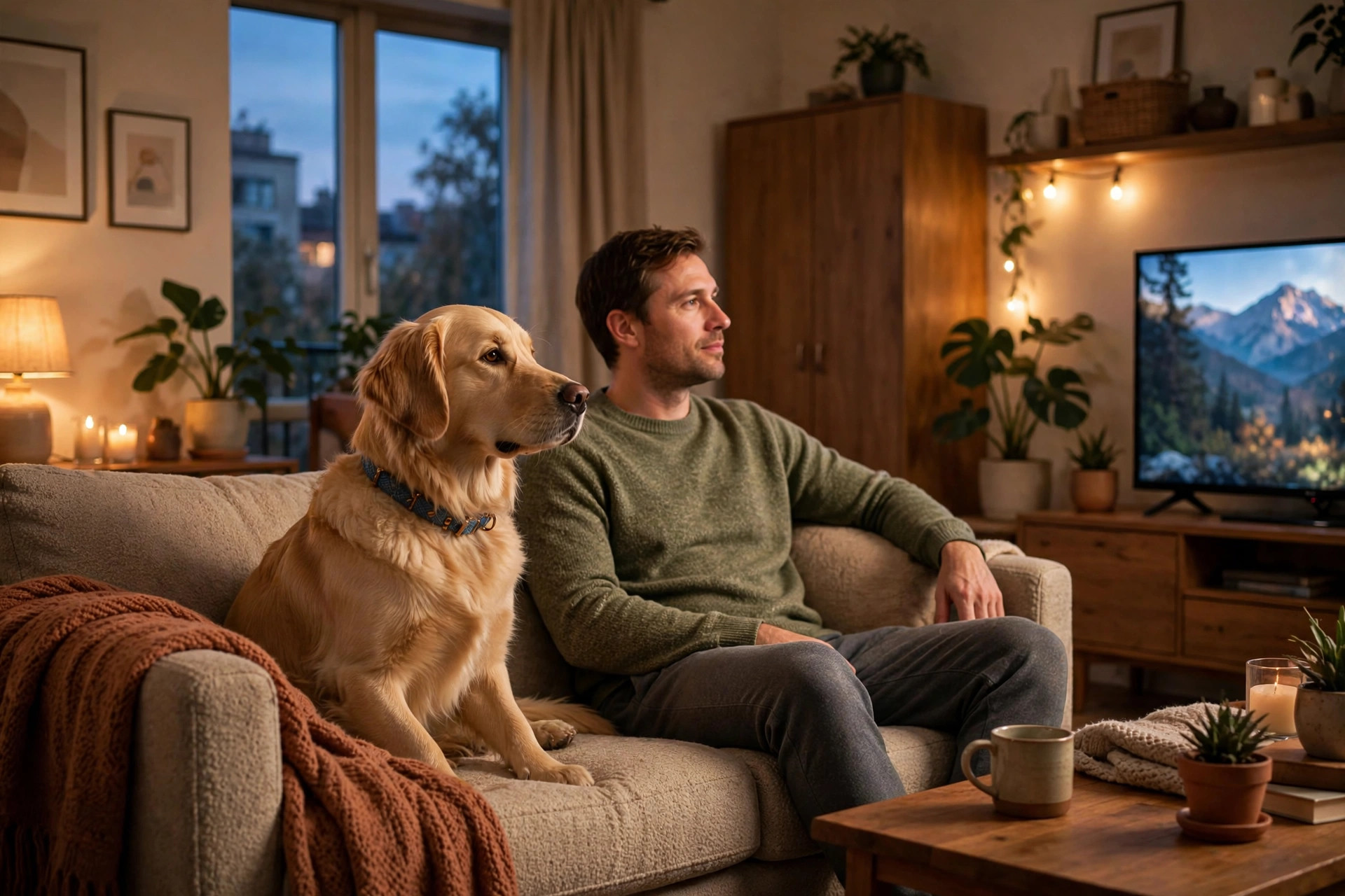 dog sitting calmly on a couch next to its owner watching television in a cozy apartment living room